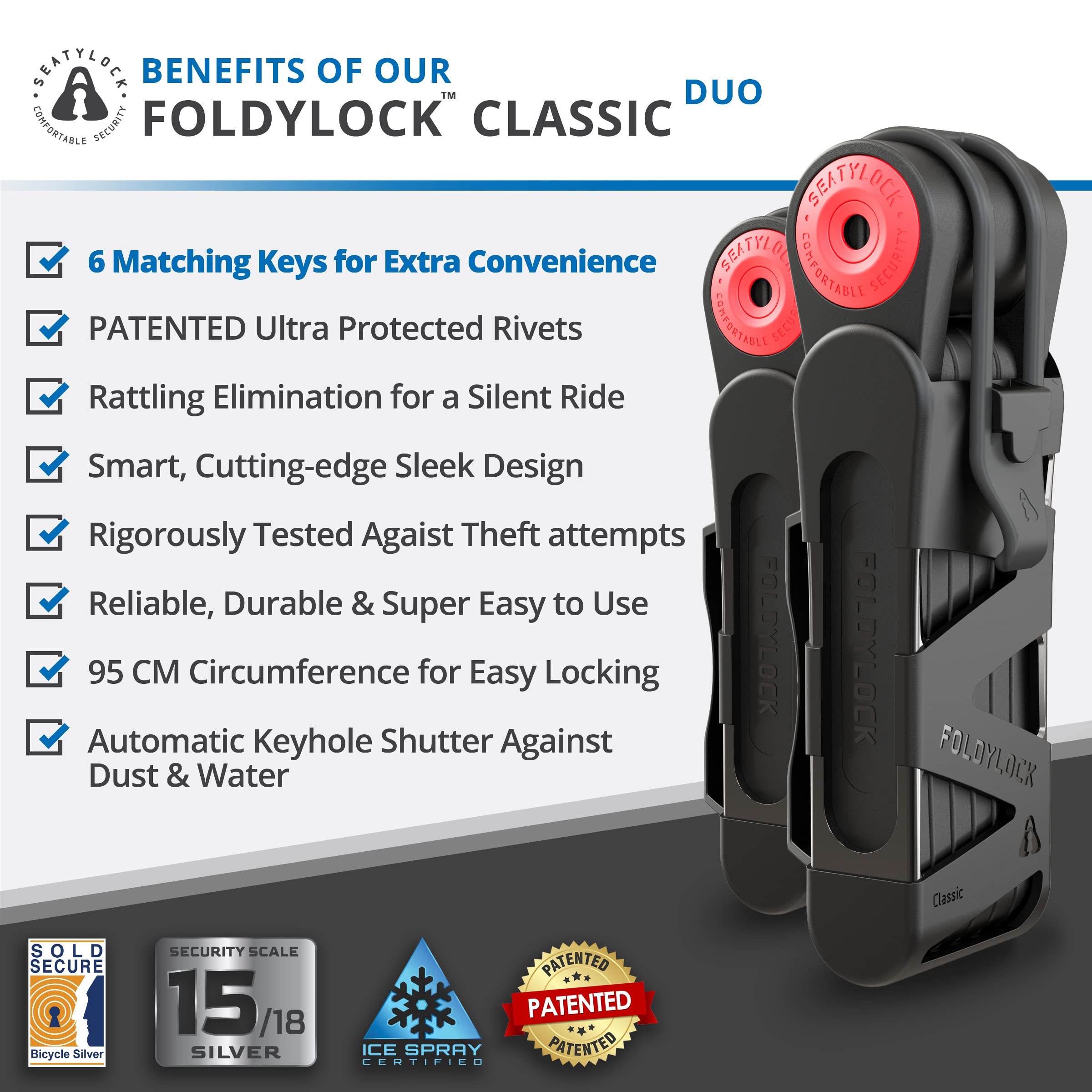 Seatylock FoldyLock Classic Folding Bike Lock Set - Heavy Duty Anti-Theft Bicycle Security with 2 Patented Locks & 6 Keys - 37.4