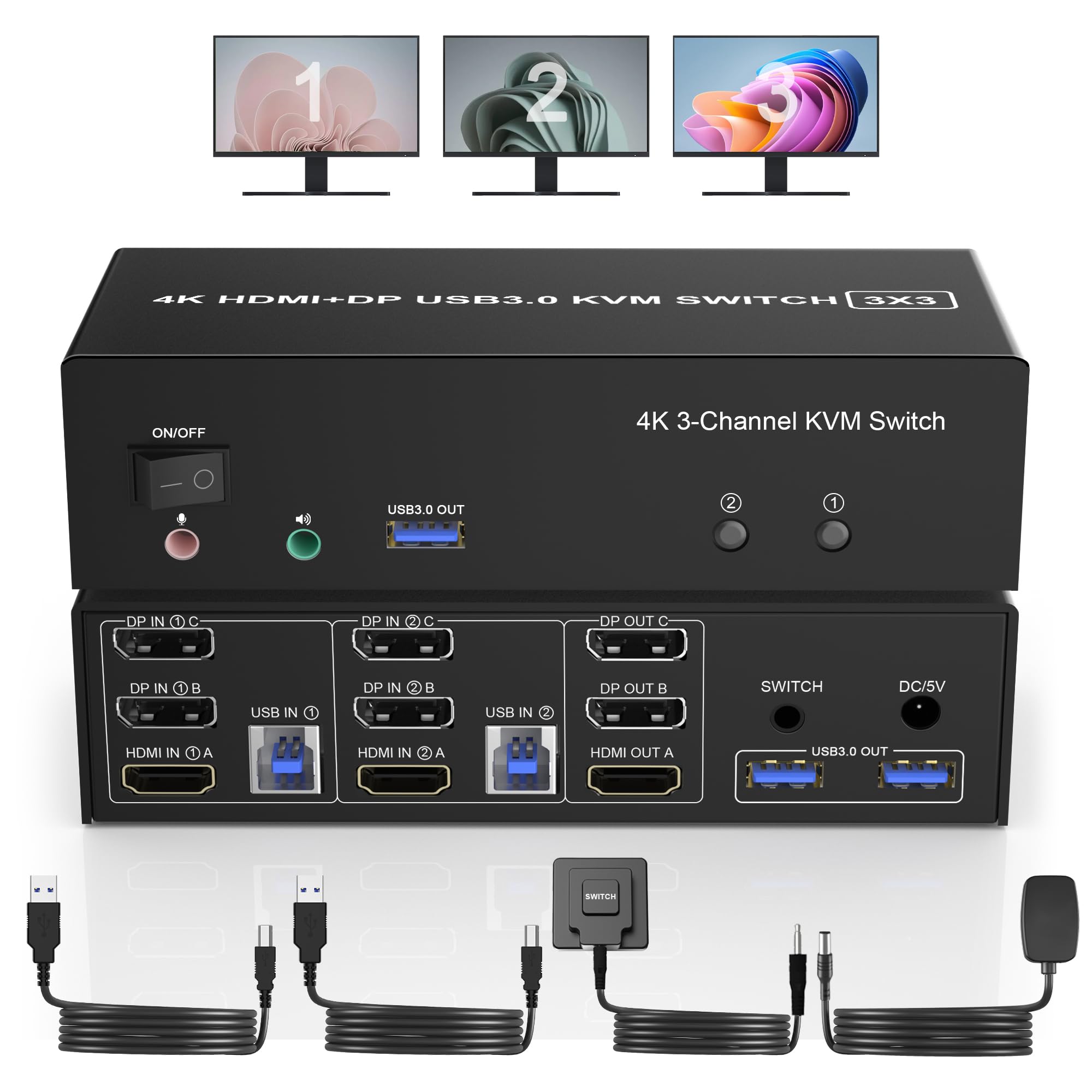 4K@60Hz KVM Switch for 2 Computers to 3 Monitors - HDMI & 2 DisplayPort USB 3.0 Triple Monitor Switcher with Audio/Mic Output & 3 USB Ports | Perfect for Home Office, Gaming Setup & Multi-PC Workstations