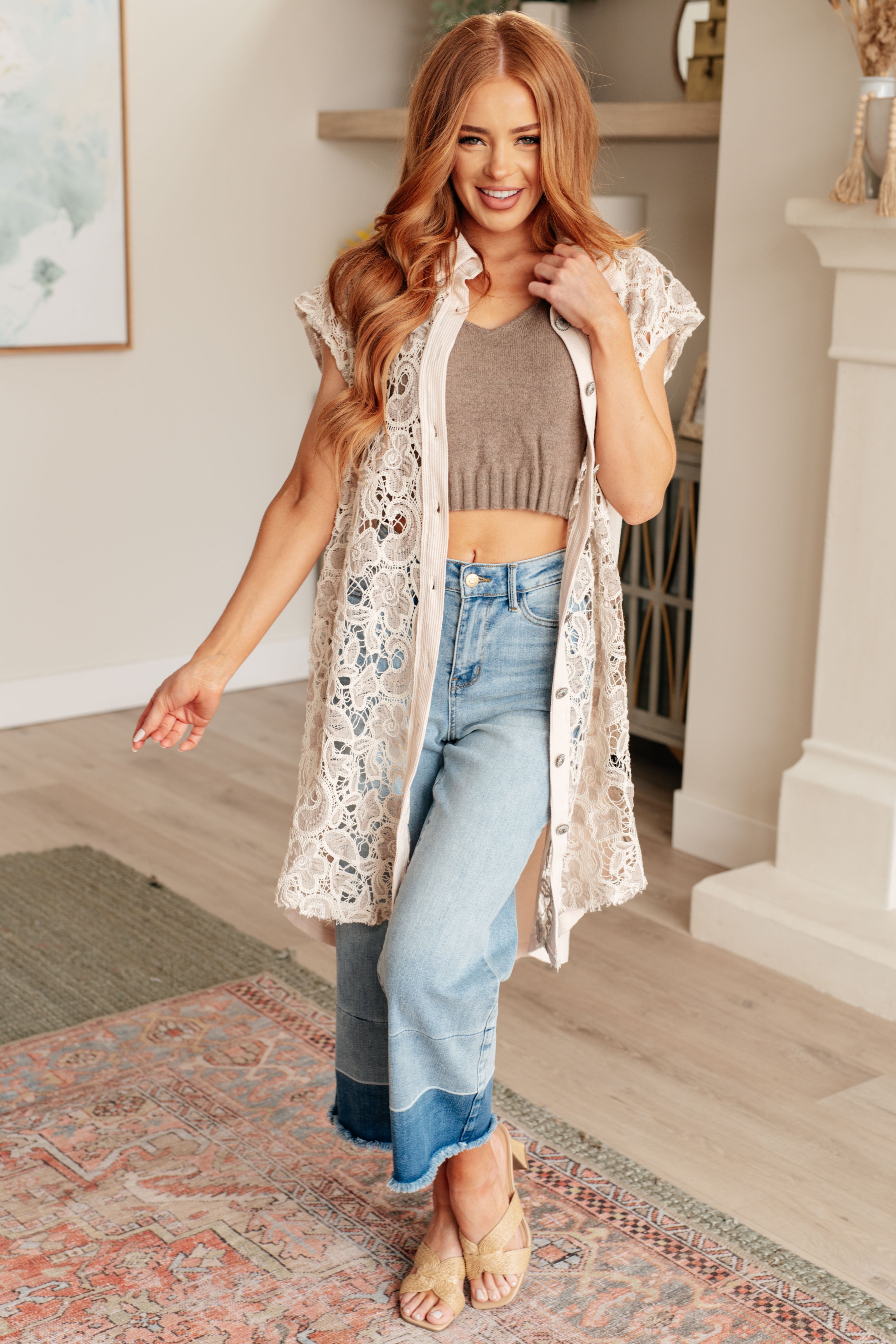 Pieces of Me Longline Lace Button Up Blouse - Elegant Women's Fashion Top for Casual Wear, Office & Date Night Outfits