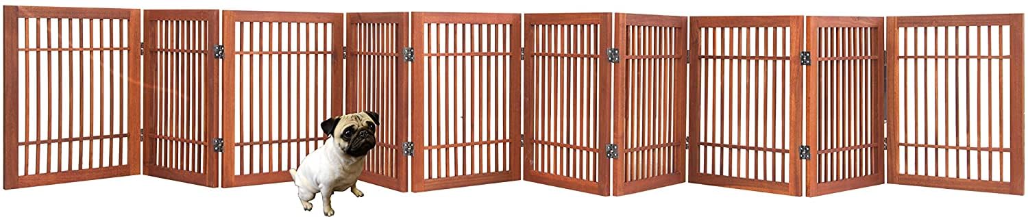 Sturdy Acacia Hardwood Pet Gate - Freestanding Folding Dog Barrier for Indoor/Outdoor Use | 10-Panel 24