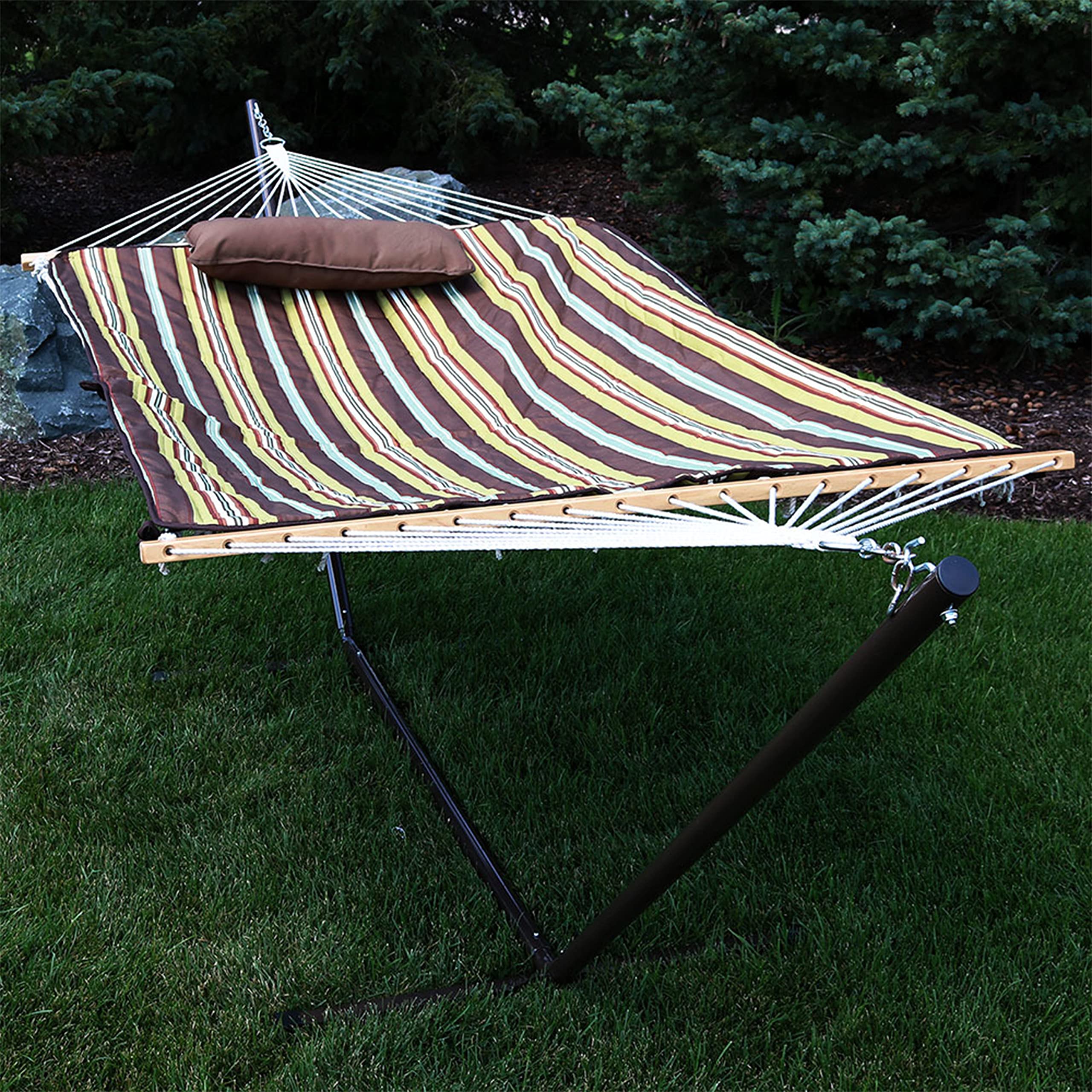 Sunnydaze 12-Foot Rope Hammock with Stand & Cushion - 275 lb Weight Capacity - Desert Stripe Design - Perfect for Backyard, Patio, Poolside & Outdoor Relaxation
