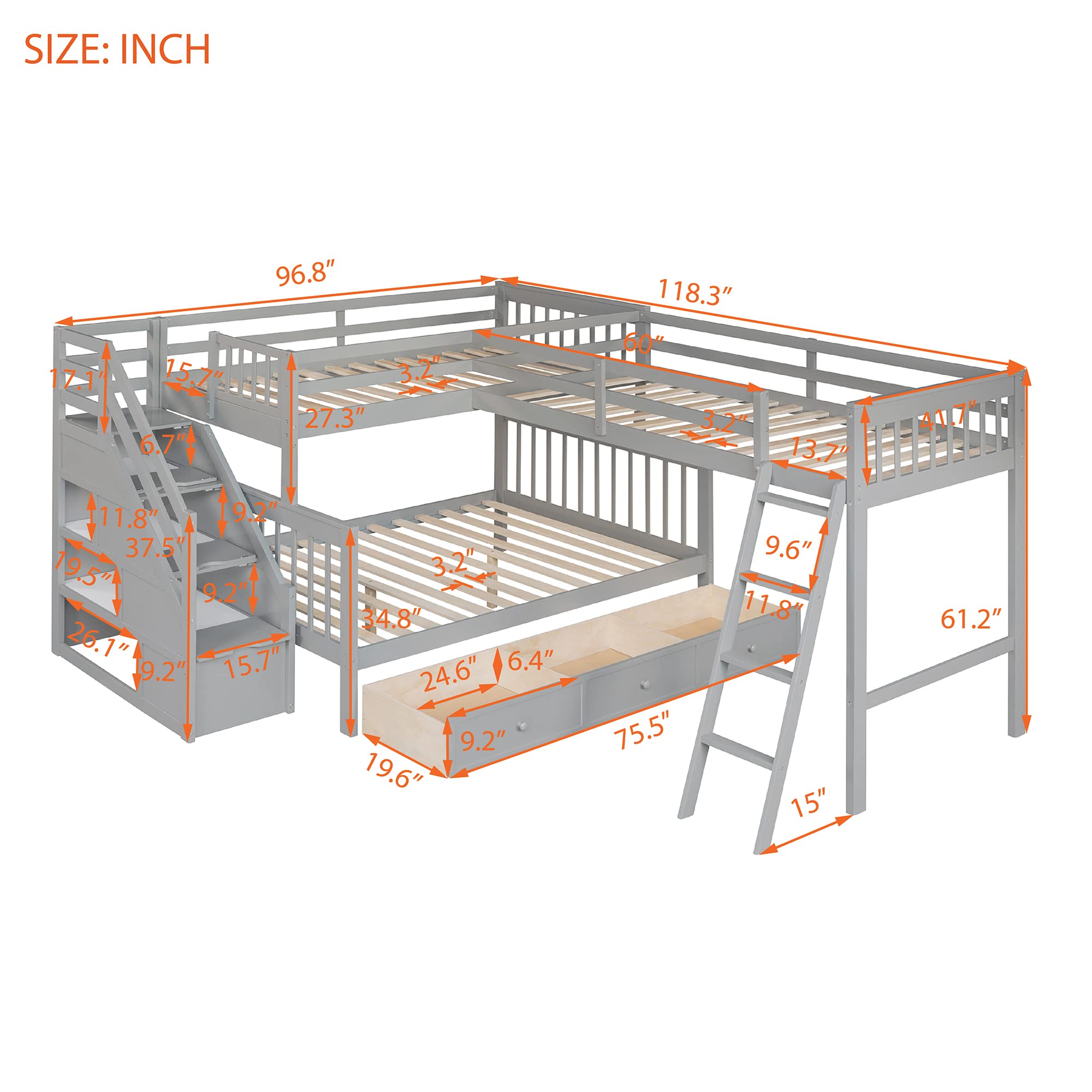 Modern L-Shaped Solid Wood Triple Bed with Storage Staircase - Twin over Full Bunk Bed with 3 Drawers, Loft Bed Frame with Ladder & Safety Guardrail for Adults, Teens & Kids - Space-Saving Solution for Small Bedrooms, Guest Rooms & Dorm Rooms (Grey)