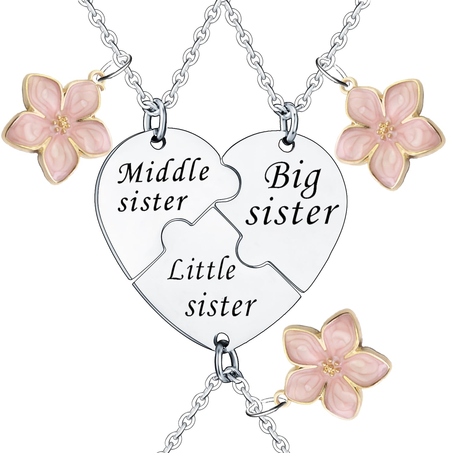 YEEQIN Sister Matching Necklaces - Big, Middle & Little Sister Gift Set for Birthdays, Anniversaries & Family Bonding | Heart Pendant Jewelry for Siblings