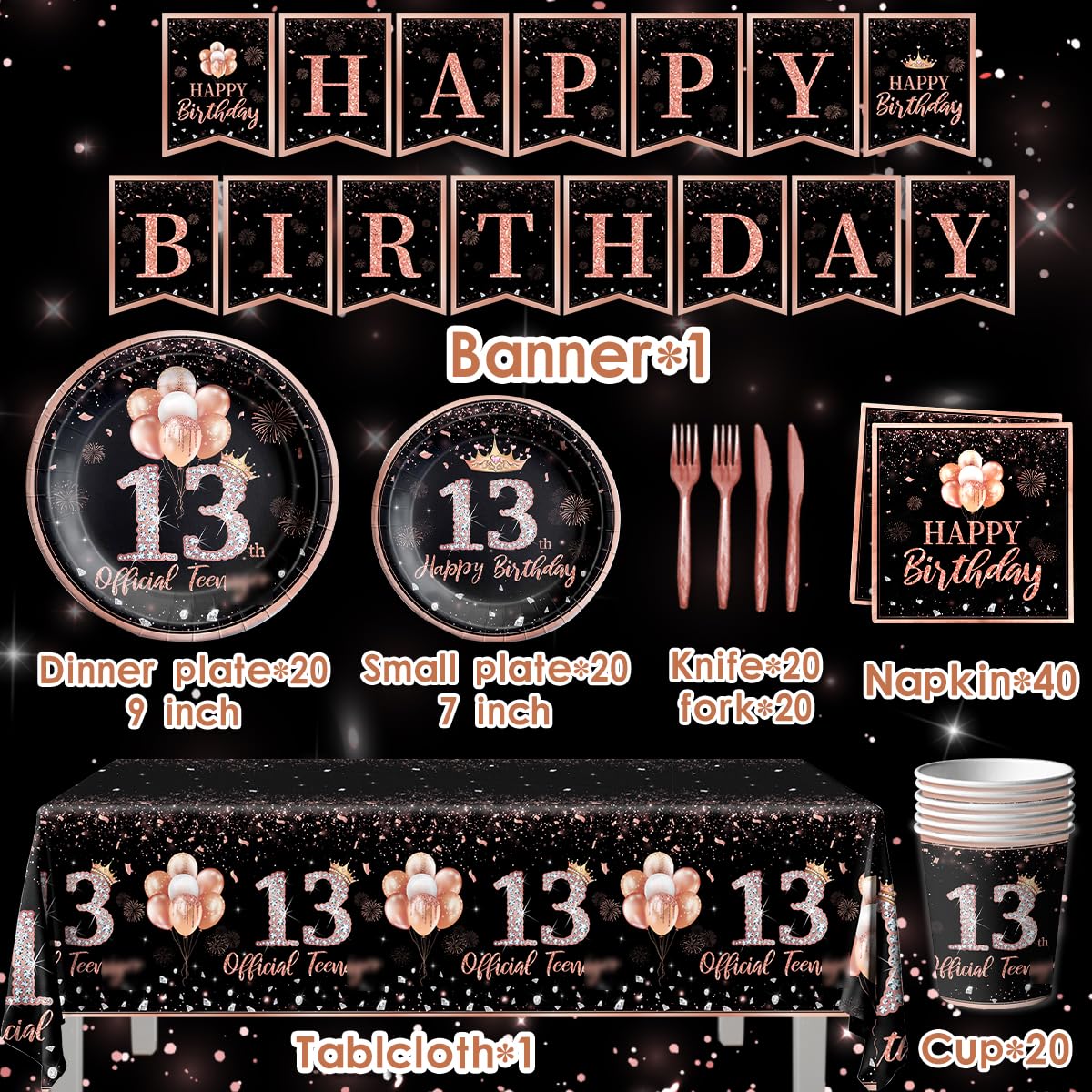 142Pcs Rose Gold 13th Birthday Party Supplies Set for Girls - Disposable Tablecloth, Plates, Napkins, Cups, Forks & Knives - Perfect for Teen Birthday Decorations & Celebrations