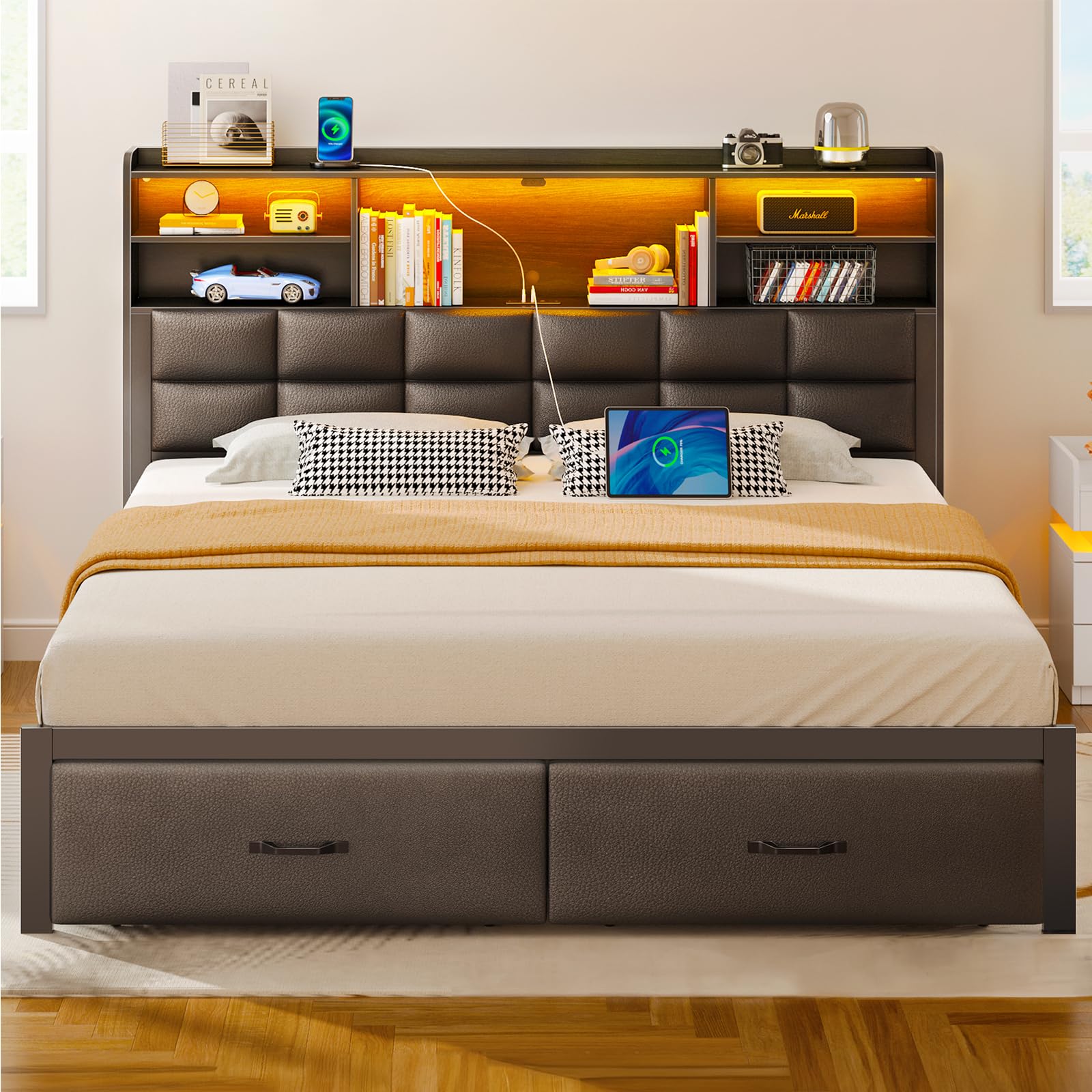 Rolanstar Full Size Upholstered Platform Bed Frame with Storage Drawers, USB Charging Station & LED Headboard - Heavy Duty Metal Frame, No Box Spring Needed, Noise Free, Black - Perfect for Small Bedrooms, Guest Rooms & Modern Apartments