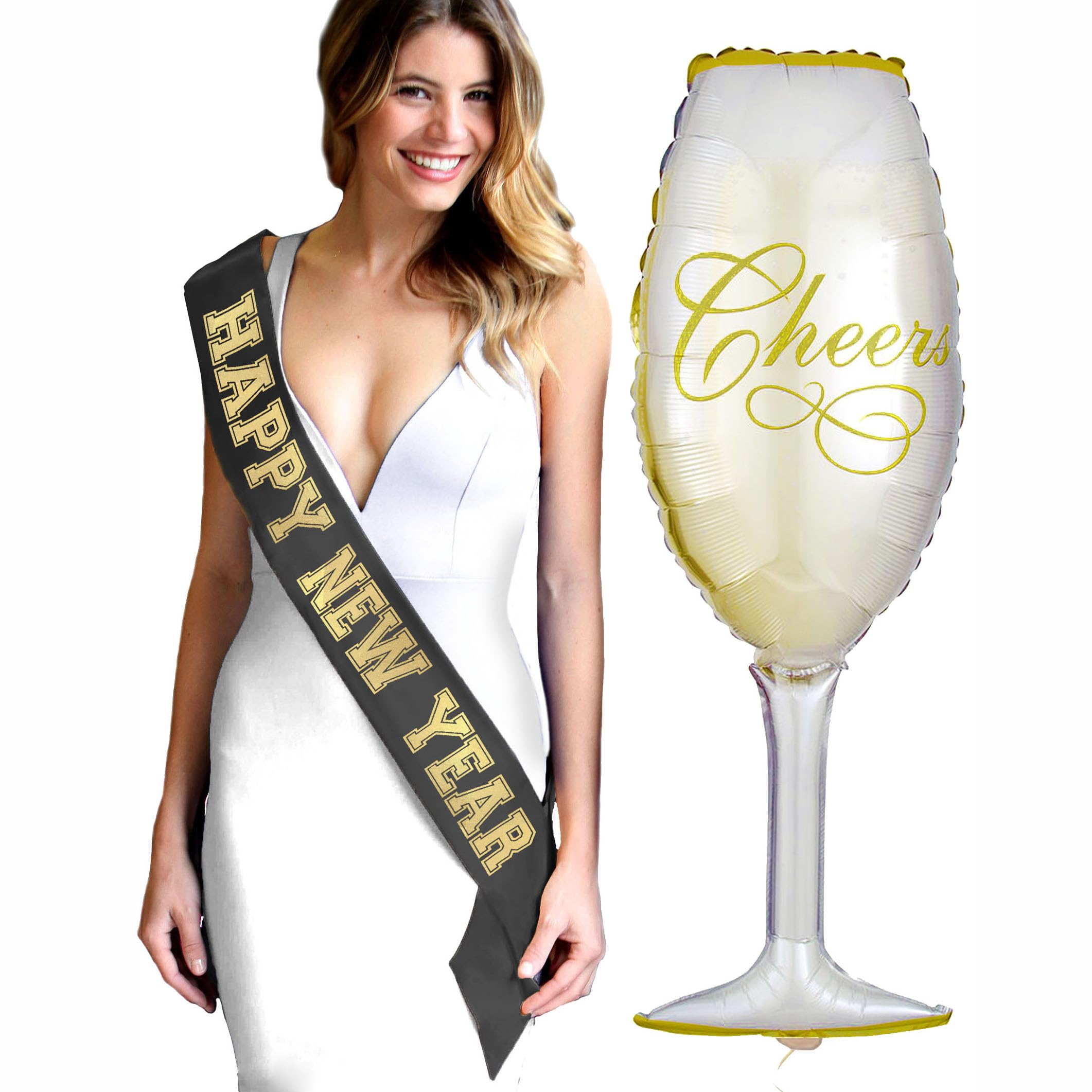 Premium New Year's Eve Party Outfit Set - 2-Piece Metallic Gold & Black Satin Sash with Champagne Glass Balloon - NYE Photo Booth Props & Celebration Decor - Perfect for Countdown Parties, Club Events & Festive Gatherings