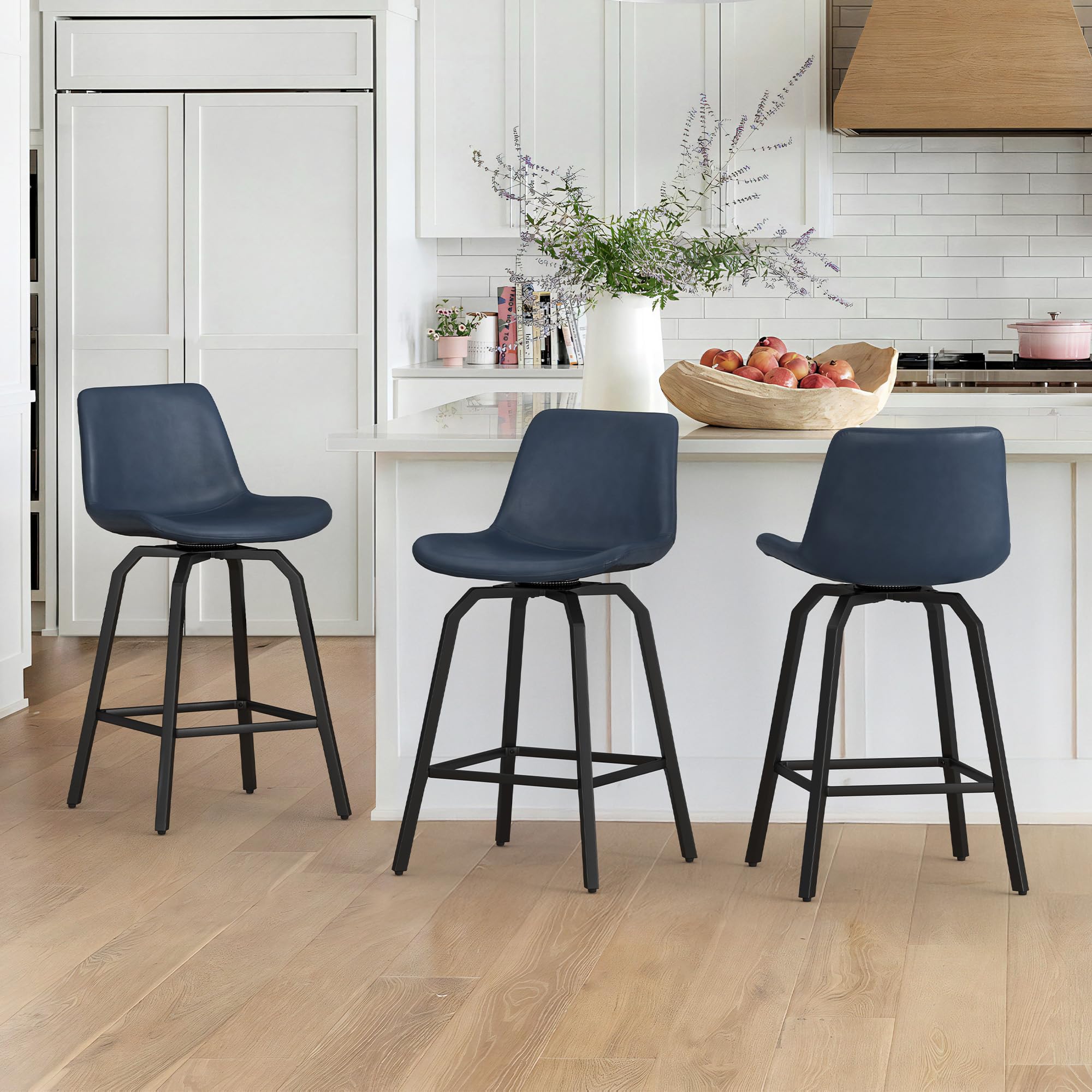 LUE BONA 360° Swivel Bar Stools Set of 3, 26 Inch Counter Height Bar Stools with Enlarged Seats - Modern Faux Leather & Metal Legs for Kitchen Island, Dining Room, Bar - Navy Blue | Perfect for Home, Restaurant, and Cafe Use