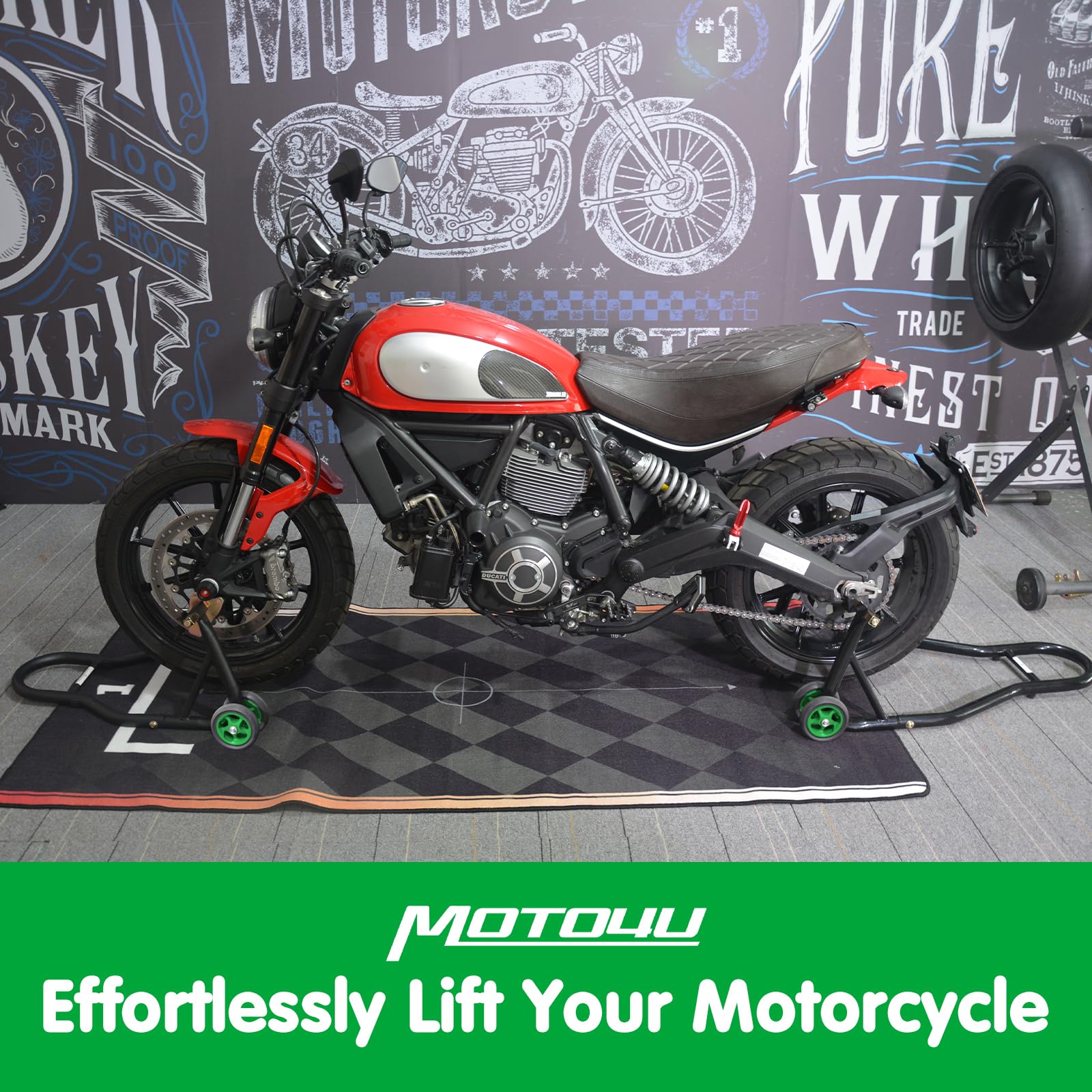 MOTO4U Universal Motorcycle Front & Rear Wheel Lift Stand Combo - Paddock Stand with Swingarm Spool for Sportbikes (Green Wheel) - Perfect for Garage Maintenance, Tire Changes & Bike Storage