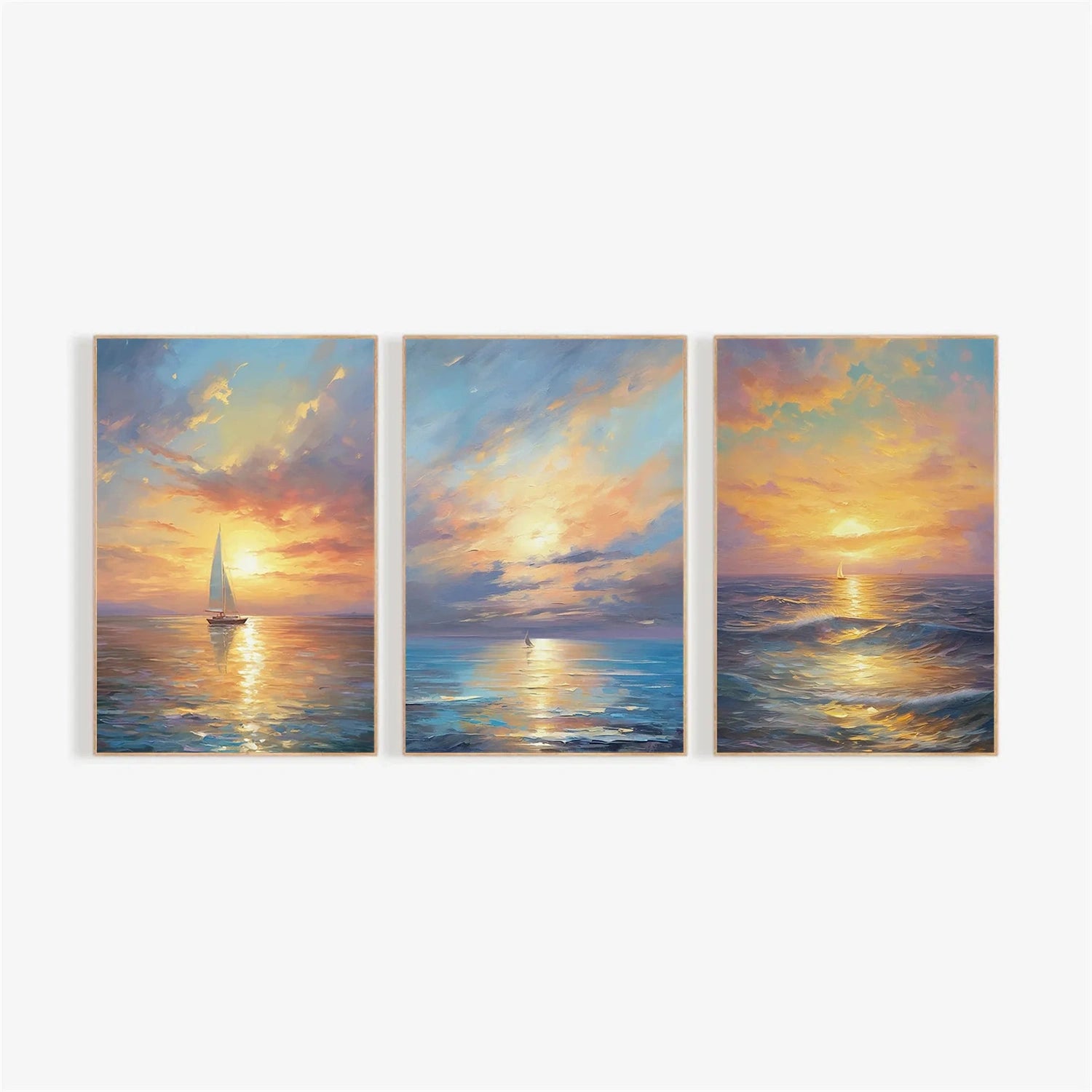 Ocean and Sky Painting Set of 3 - Coastal Wall Art Decor for Living Room, Bedroom, Office - Modern Seascape Canvas Prints (OS 215)