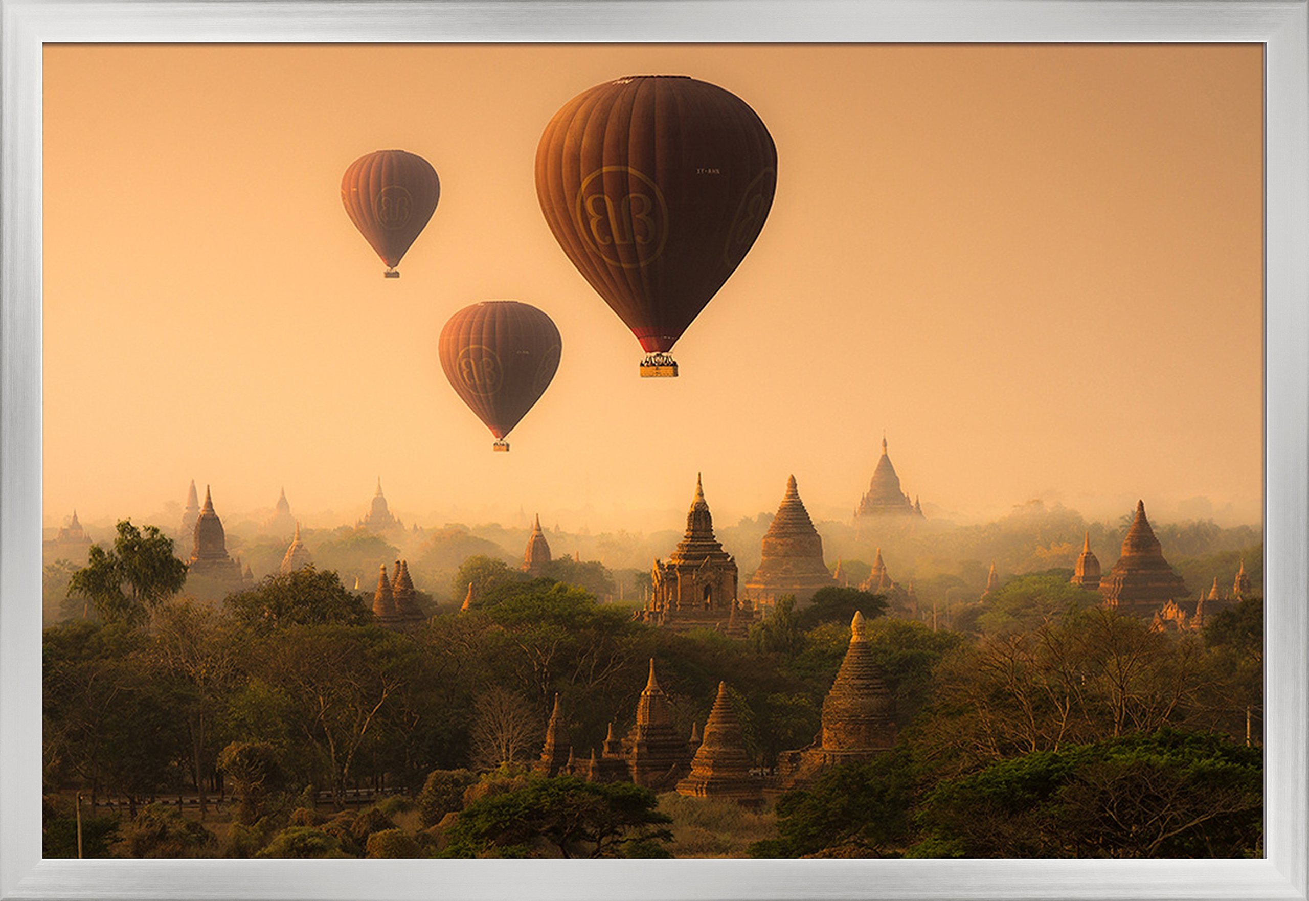 Bagan Myanmar Hot Air Balloons 85073 - 36x24 Giclee Art Print, Silver Wood Gallery Frame - Wall Decor for Living Room, Bedroom & Office