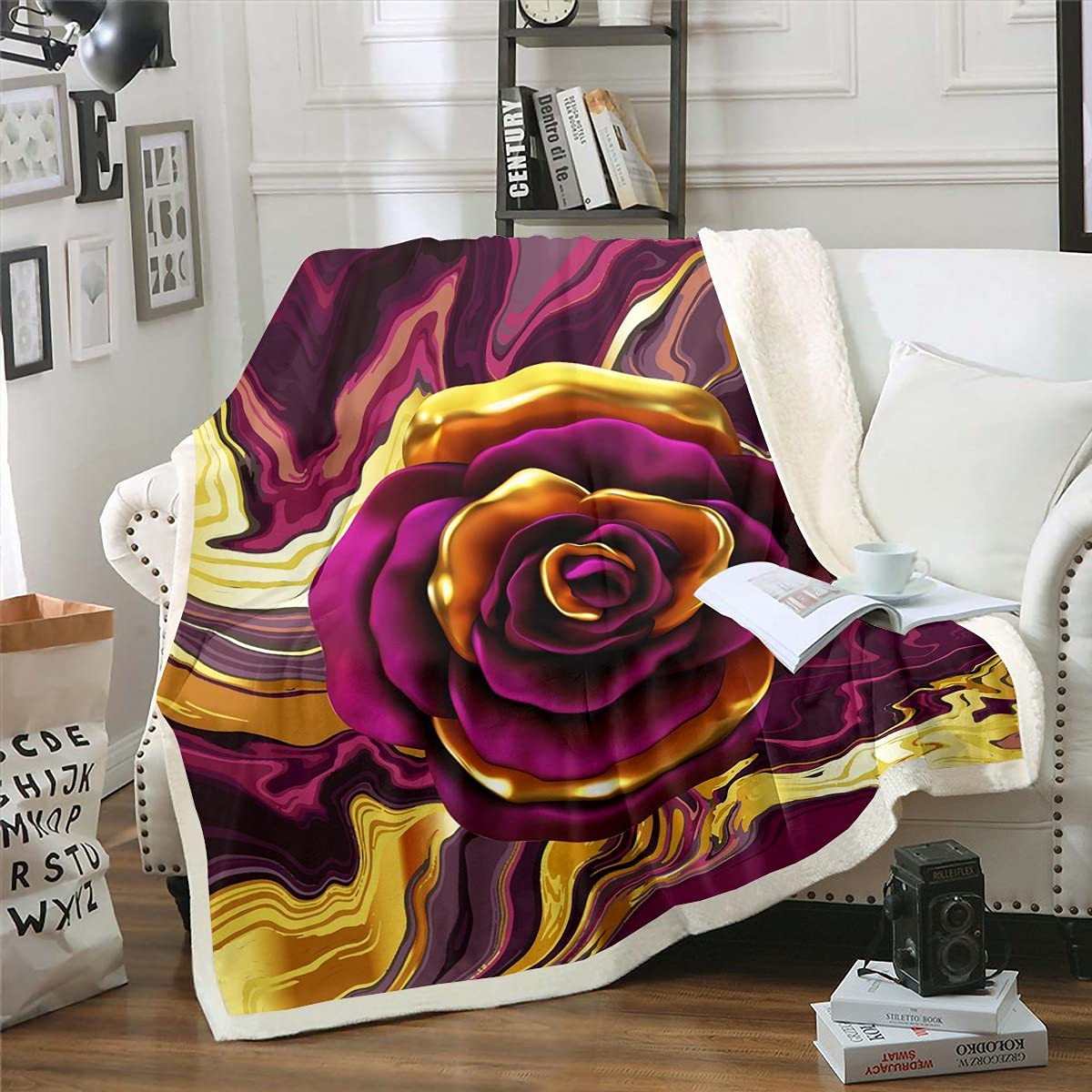 Erosebridal Marble Fleece Blanket - Retro Rose Floral Sherpa Throw Blanket for Kids, Boys, Girls & Adults - Gold Purple Rose Design, Colorful Marble Tie Dye Pattern - Soft Fuzzy Blanket 30