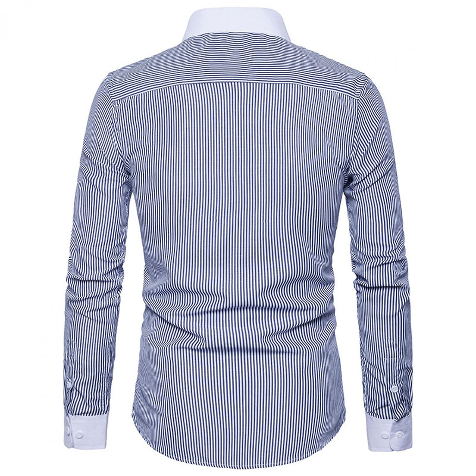 Men's Vertical Striped Button-Down Dress Shirt - Casual Long Sleeve Classic Regular Fit Contrast Color Hipster Shirt in Navy Blue | Office Wear, Date Night & Business Casual Outfits