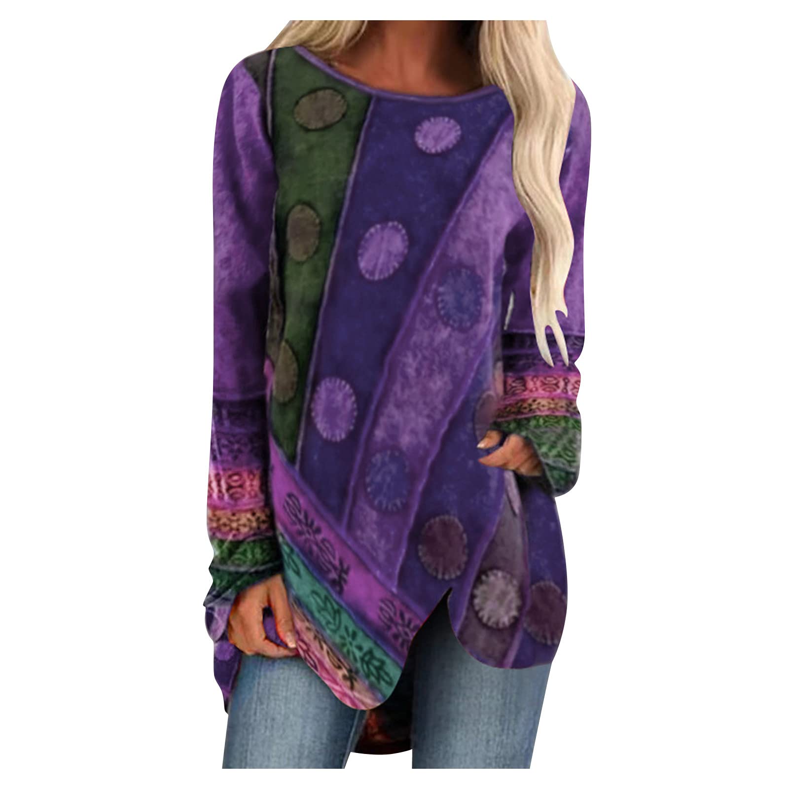 Women's Long Sleeve Casual T-Shirts - Loose Fit Crewneck Blouse with Beautiful Print for Tall Women | Perfect for Work, Weekend Outfits & Layering