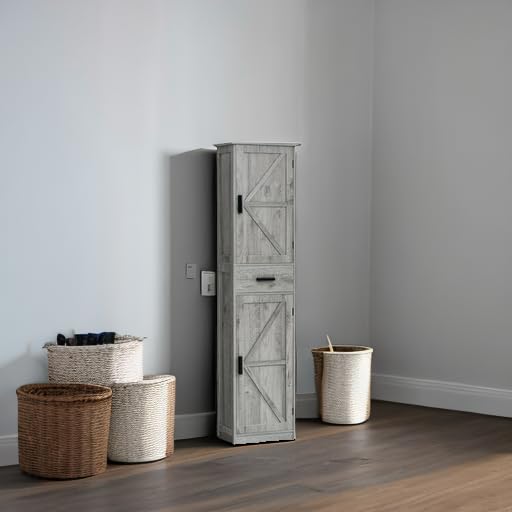 WEENFON 6-Shelf Tall Storage Cabinet with Drawer, Adjustable Shelves for Bathroom, Living Room & Home Office - Rustic Gray UNSNG083C | Space-Saving Narrow Cabinet for Small Spaces & Clutter Organization