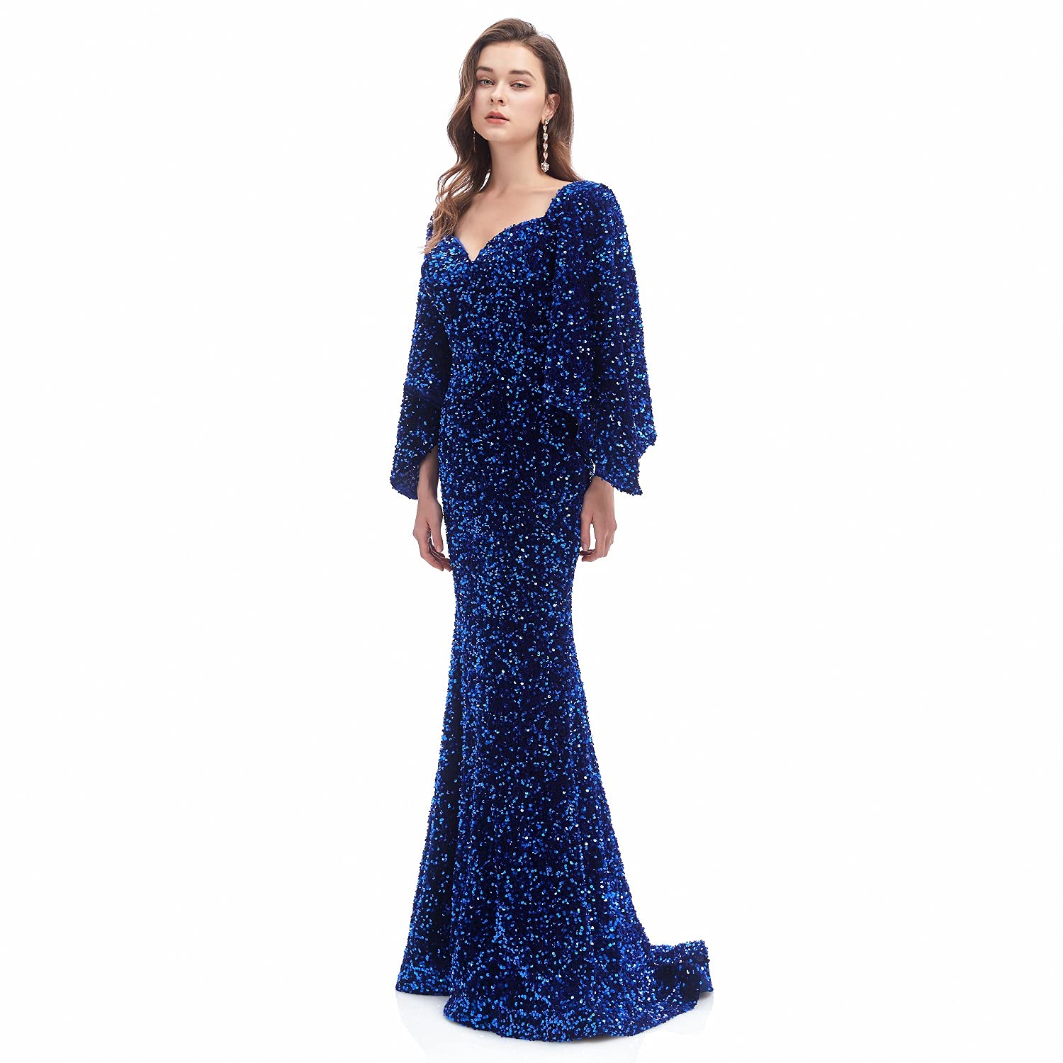Engerla Sexy Long Sleeve Mermaid Party Dress for Women - Black Sequins Lace Evening Gown Formal Maxi Dress for Prom, Wedding, Cocktail Party & Special Occasions