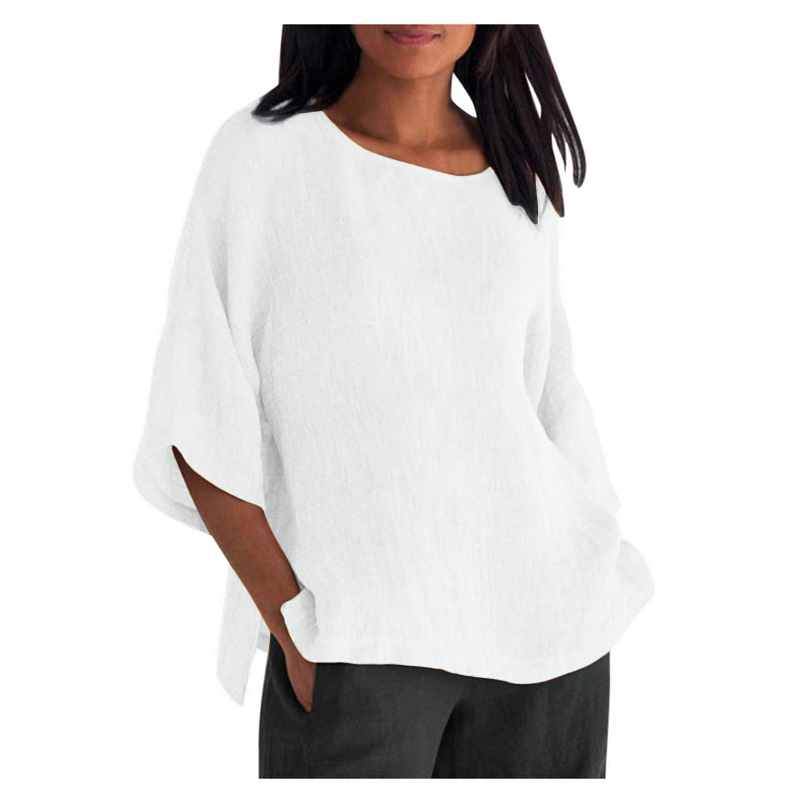 DESKABLY Women's Plus Size 3/4 Sleeve Crew Neck T-Shirt - Casual Summer Solid Color Loose Fit Comfortable Blouse for Work, Travel & Everyday Wear