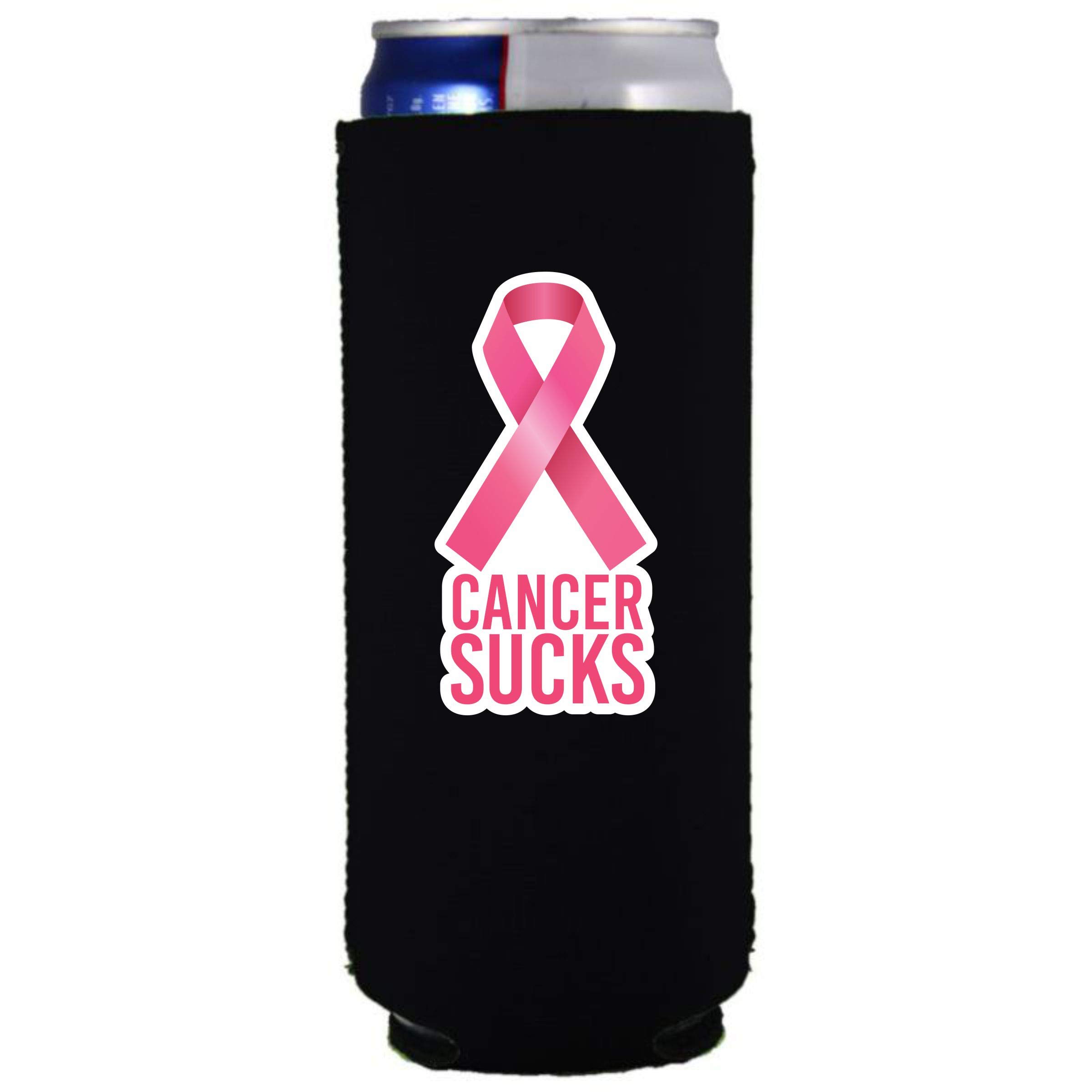 Cancer Sucks Slim Can Cooler (Black, 2 Pack) - Insulated Beer Can Holder for Drinks, Perfect for Cancer Awareness Events, Fundraisers & Outdoor Activities
