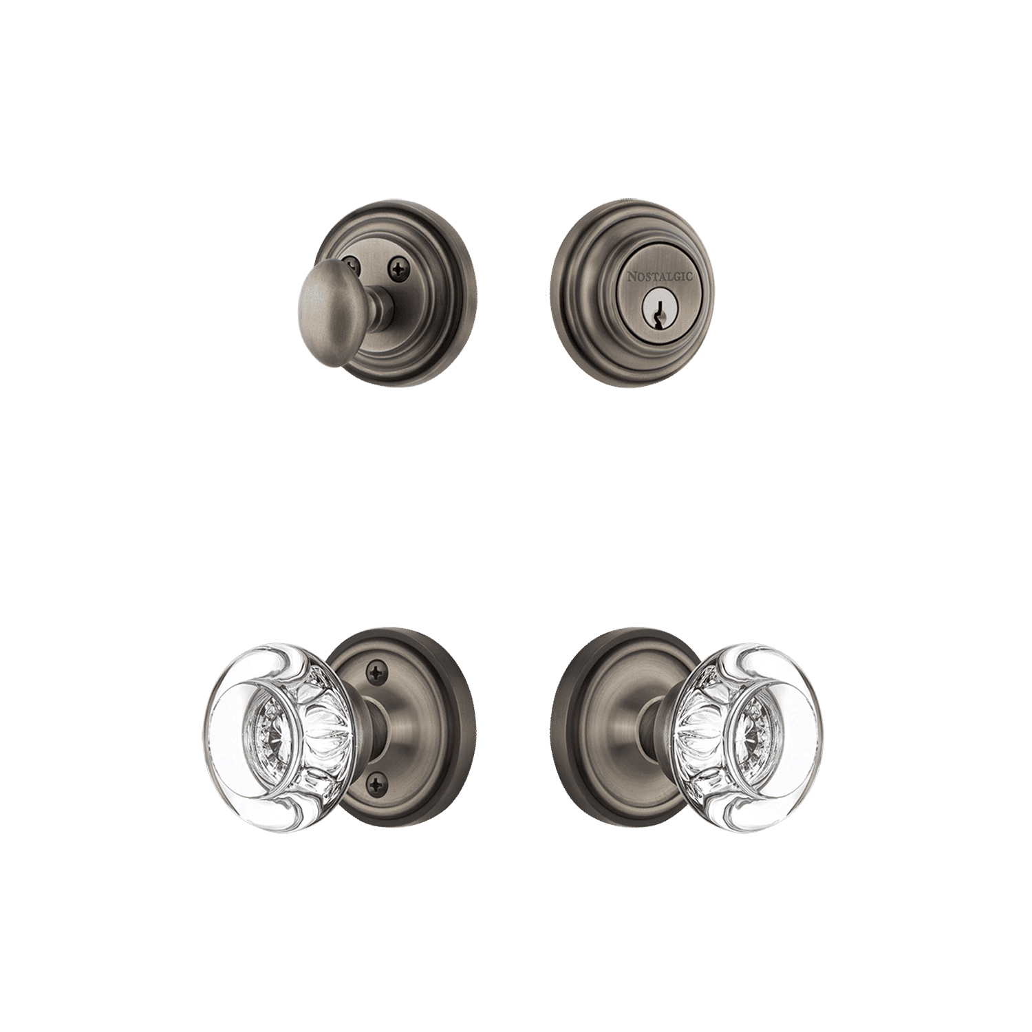 Antique Pewter Classic Rosette Entry Set with Round Clear Crystal Knob - Elegant Door Hardware for Victorian & Traditional Home Decor