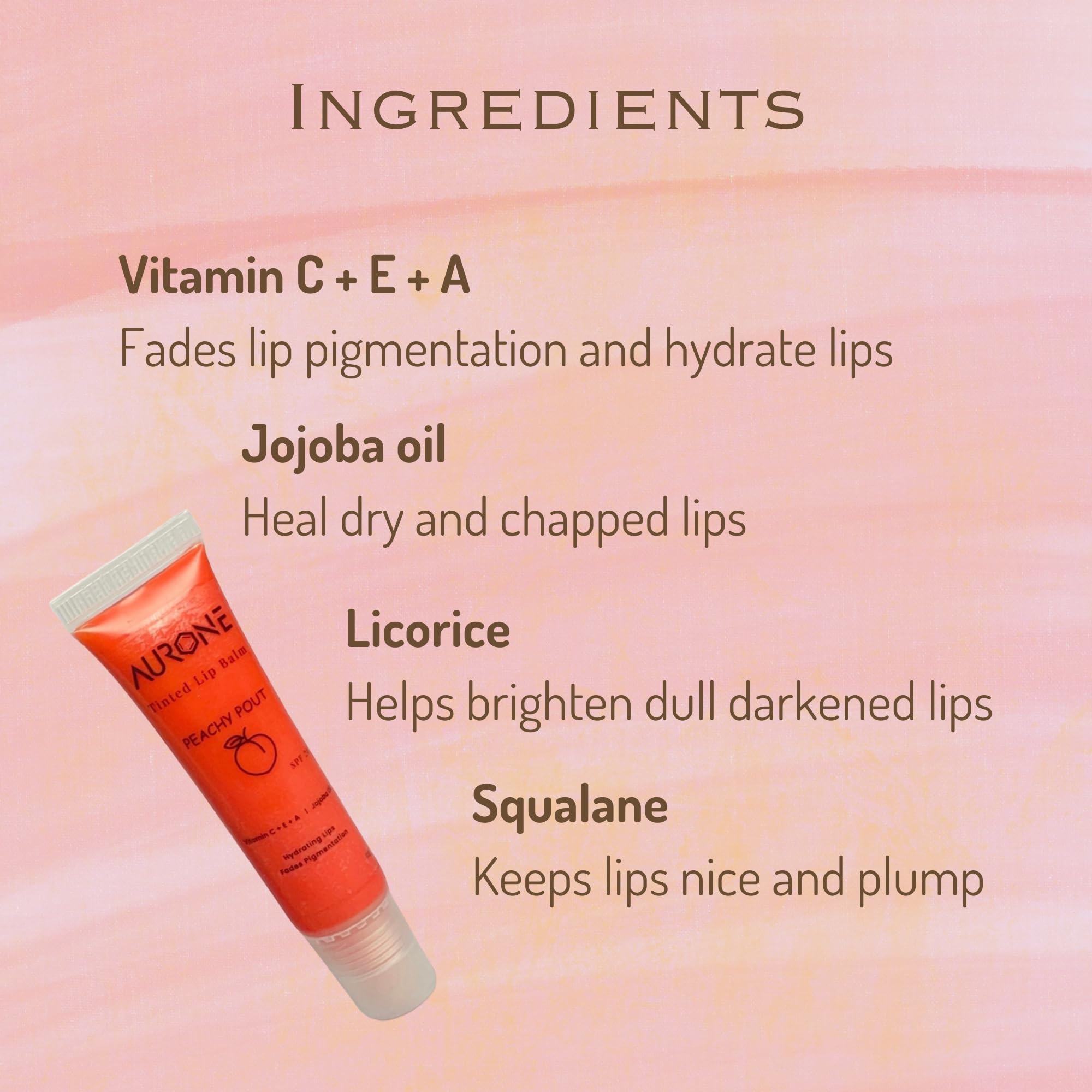 Aurone Peachy Pout Tinted Lip Balm SPF 20 - Vitamin C, E & A Enriched for Soft, Moisturized Lips - Fades Pigmentation, Heals Chapped & Lightens Dark Lips - 12g - Perfect for Daily Hydration, Sun Protection & Natural Makeup Looks