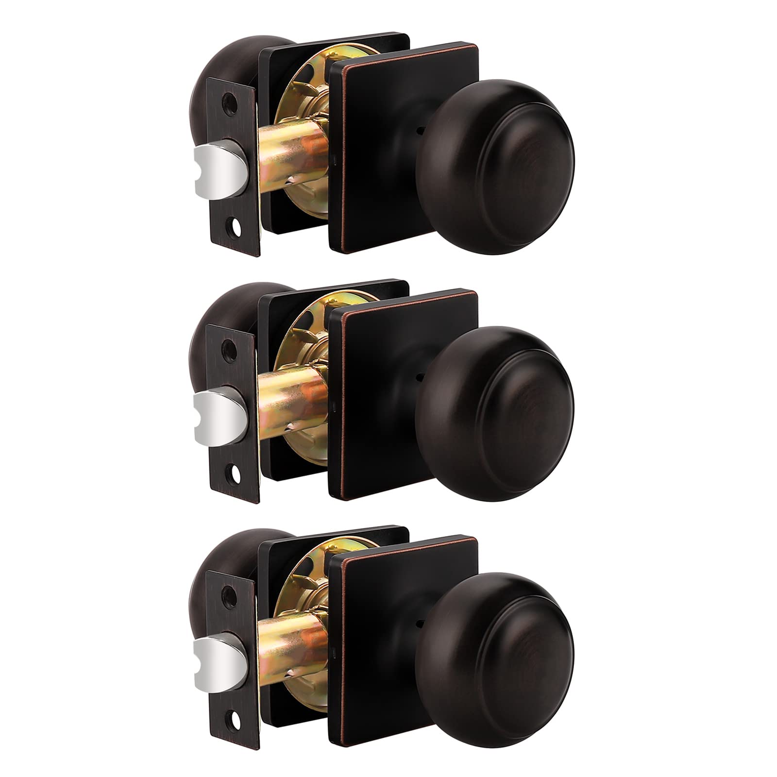 Probrico Oil Rubbed Bronze Passage Door Knobs - 3 Pack Round Interior Handles for Hallway, Closet & Bedroom - Keyless Non-Locking Design with Square Rosette - Perfect for Home, Office & Commercial Spaces