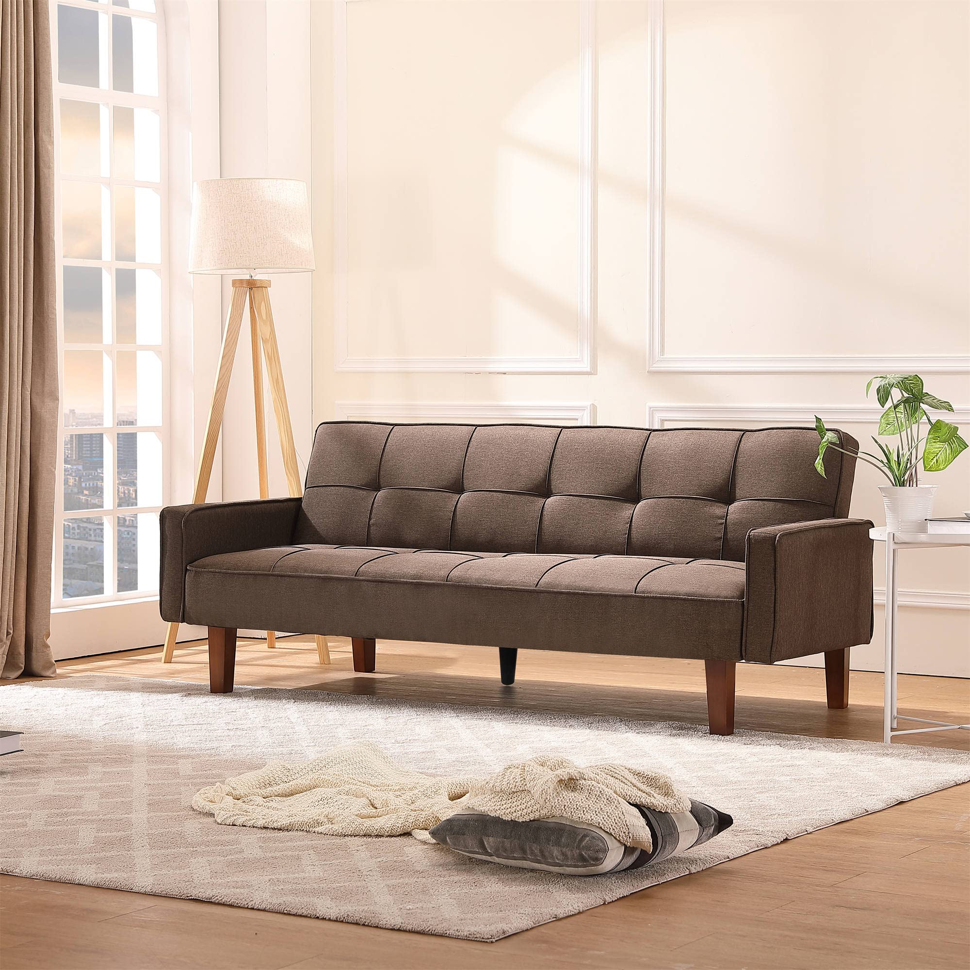 Velvet Convertible Sofa Bed - 3 Angle Adjustable Backrest Modern Loveseat with Solid Wood Legs | Multi-Functional Sleeper Couch for Living Room, Bedroom, Apartment & Dorm | Perfect for Small Spaces, Guest Sleeping & Lounge Relaxation (Brown)