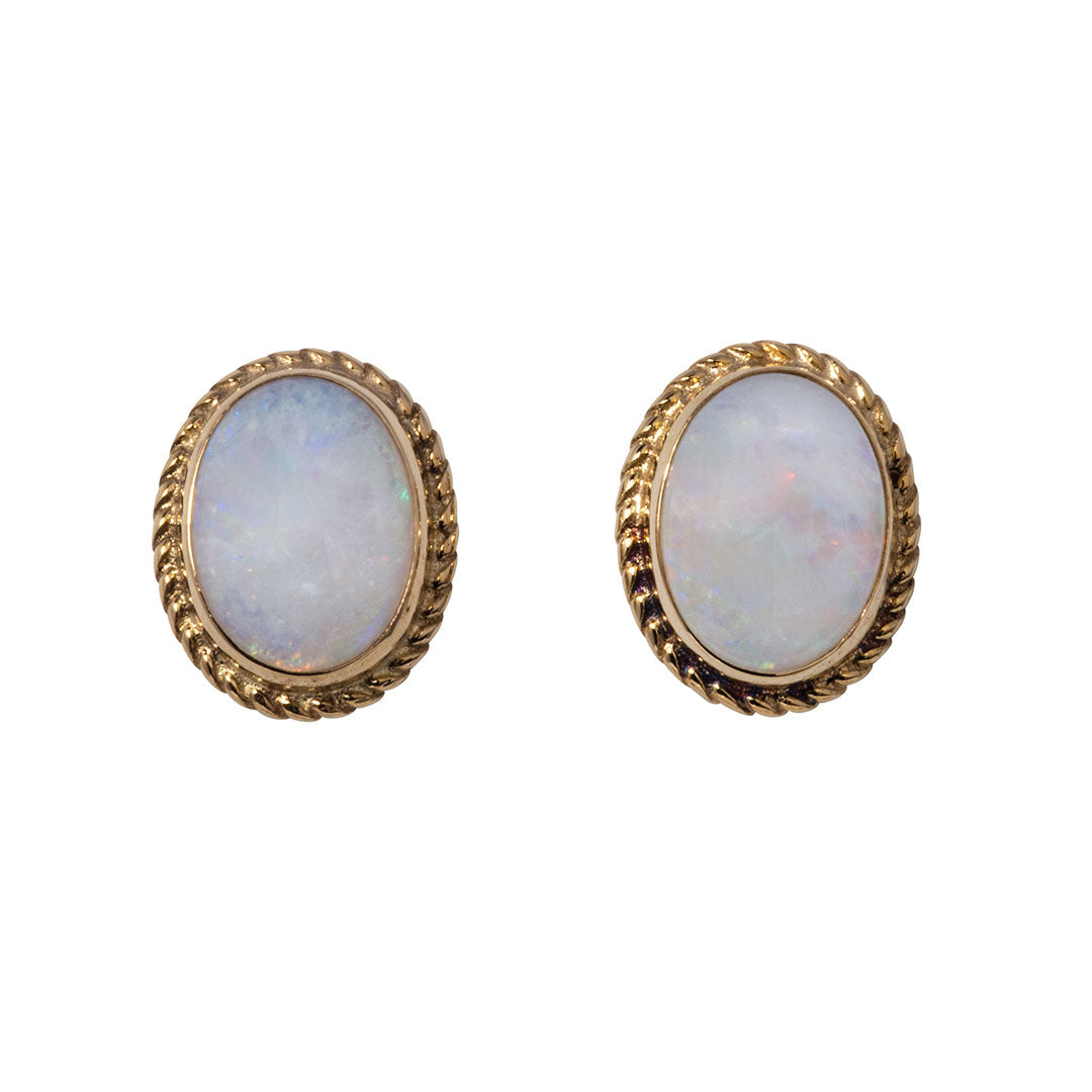 14K Yellow Gold Rope Twist Stud Earrings with Natural Cabochon Opal - Elegant Jewelry for Women, Perfect for Weddings, Parties & Daily Wear