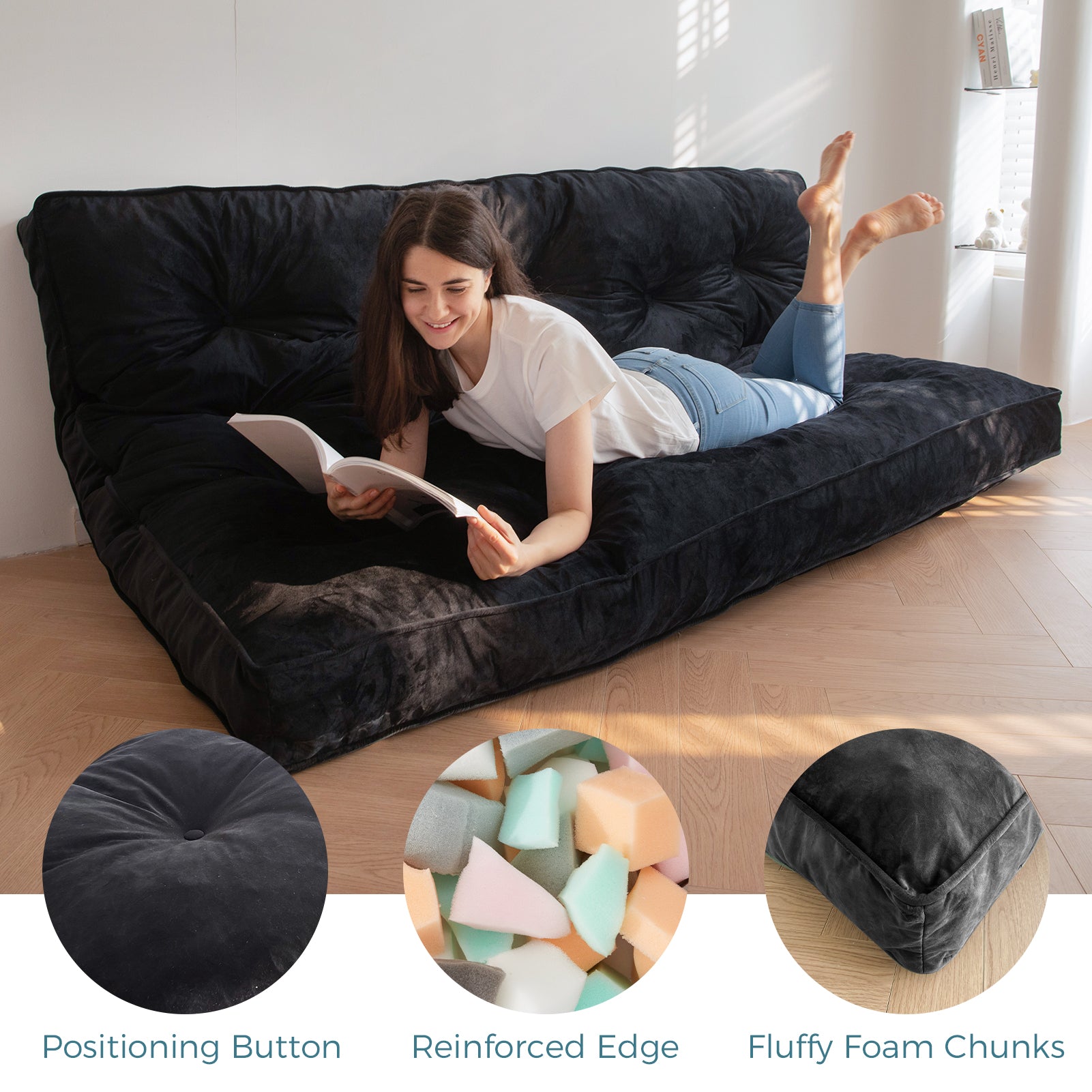MAXYOYO 6-Inch Thick Velvet Futon Mattress for Sofa Couch Bed - Comfortable & Supportive Sleeper Mattress for Adults (Black) - Perfect for Small Spaces, Guest Rooms & Dorm Rooms