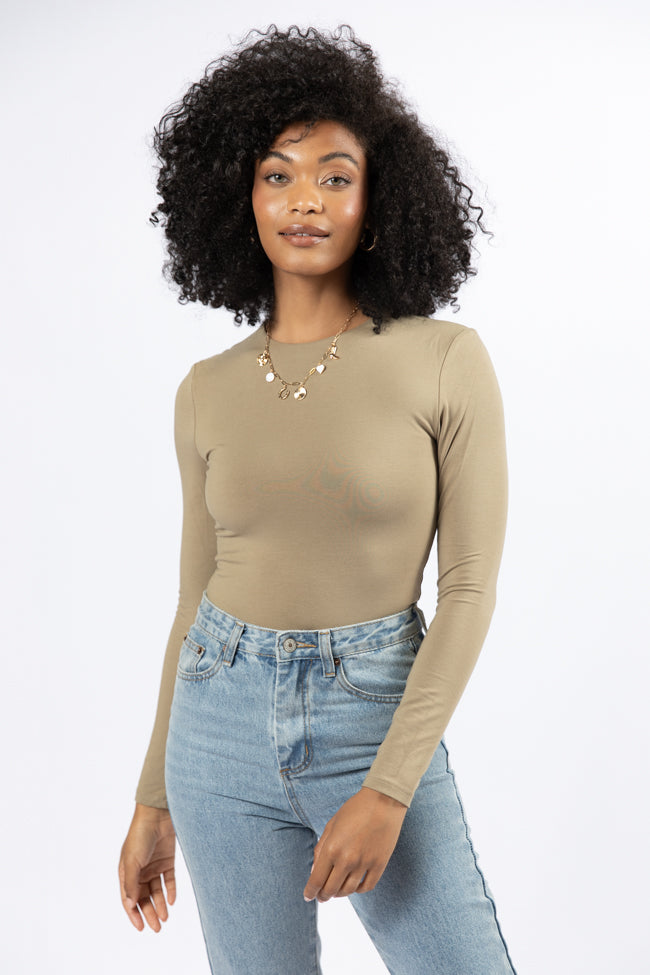 Lucky Me Olive Crew Neck Bodysuit for Women - Soft Stretchy Comfort Fit T-Shirt Bodysuit - Casual Outfits, Layering, Everyday Wear