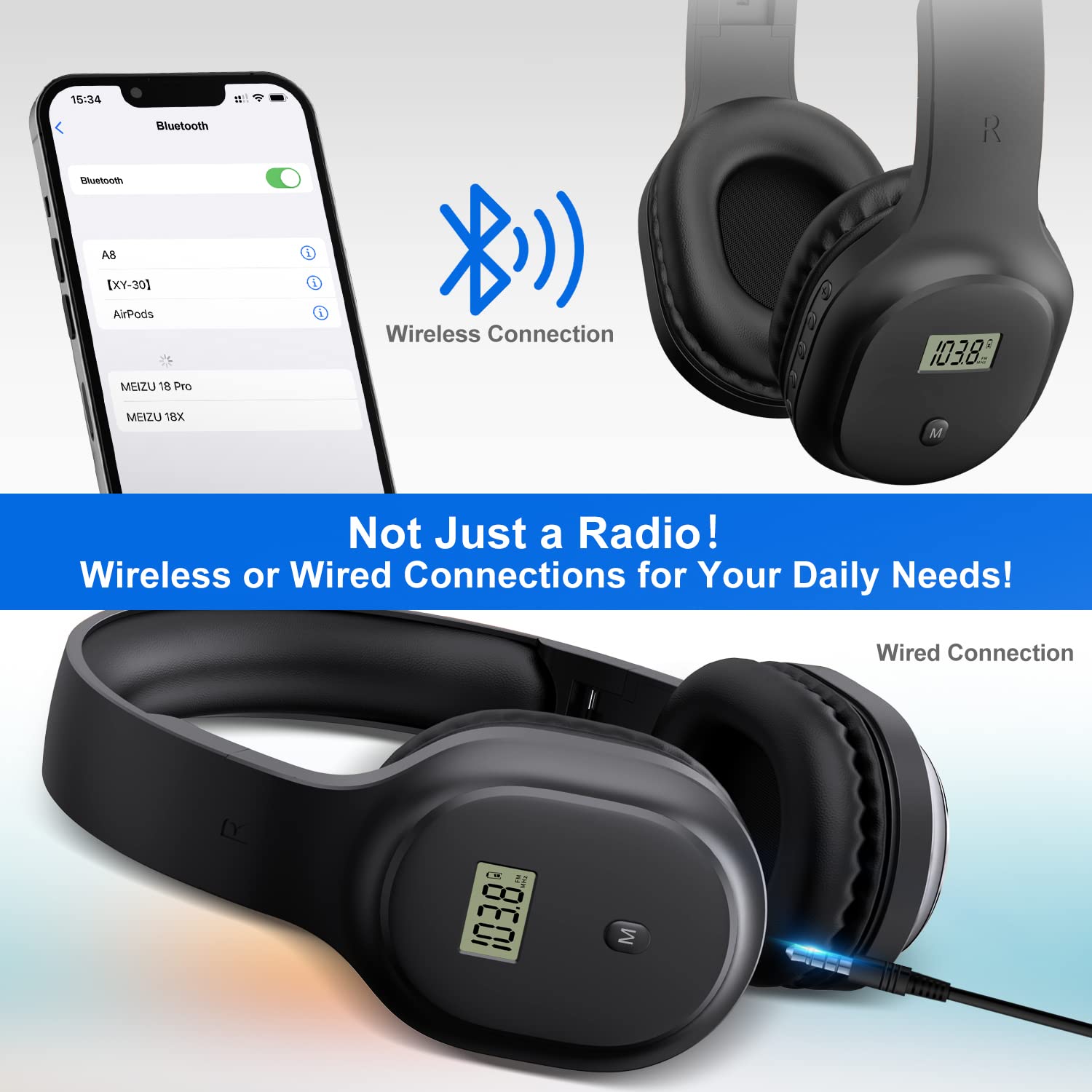 Best Wireless Headphones with FM Radio & Bluetooth 5.0 - Rechargeable Over-Ear Headset with Built-in Mic, Lightweight Comfort for Running, Gym, Workouts, Travel & Outdoor Activities | Perfect for Jogging, Cycling, Mowing & Commuting