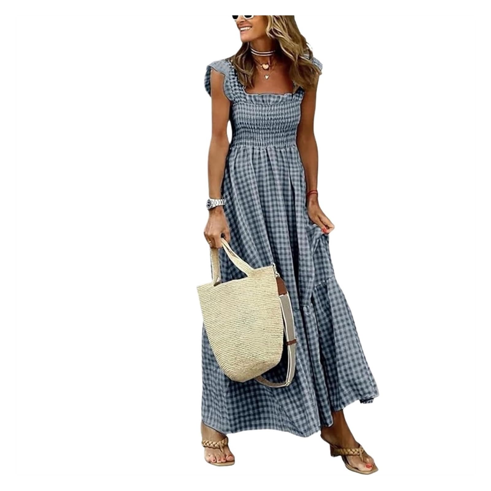 Women's Retro Plaid Smocked Bust Maxi Dress - Singing Solo Multi Plaid Spaghetti Strap Square Neck Long Dress for Summer Beach, Wedding Guest & Party Occasions