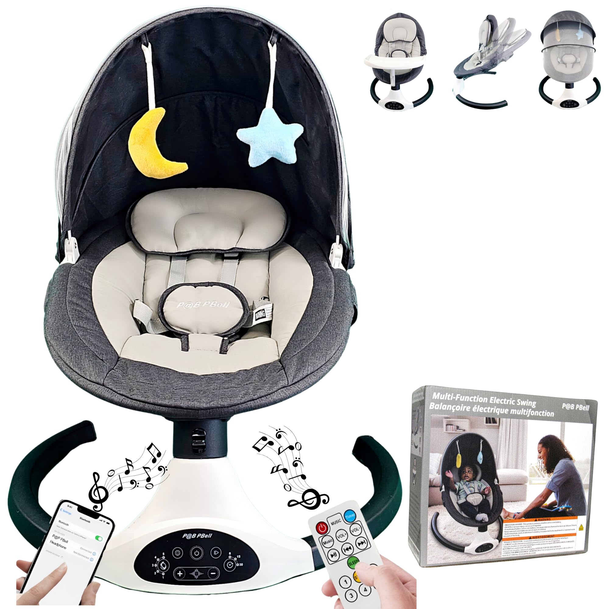 PBell Electric Baby Swing for Infants & Toddlers - Portable Bluetooth Baby Swinger with 5 Speeds, Remote Control & Music Speaker - Newborn Rocker with 5-Point Safety Belt & 2 Toys (Black) - Perfect for Nursery, Travel & Soothing Fussy Babies