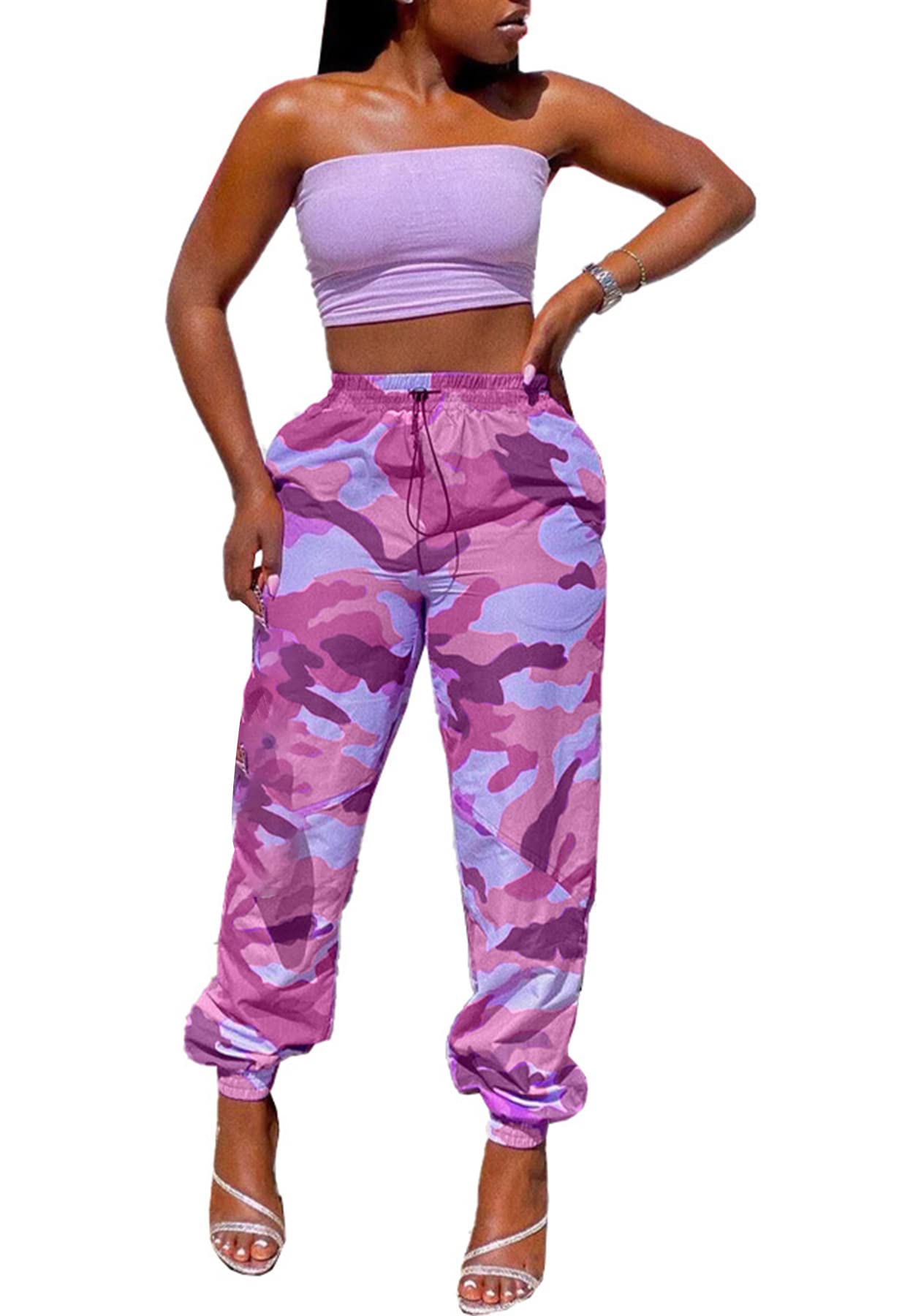 LAJIOJIO Women's Camo Cargo Pants - Plus Size Stretch Joggers with Drawstring Waist & Pockets | Military Style Camouflage Sweatpants for Casual Wear, Outdoor Activities & Workout