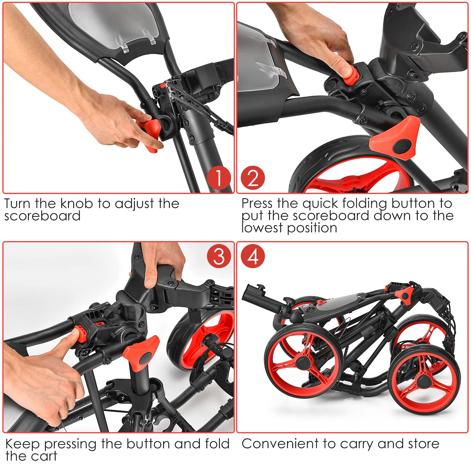 GYMAX 4 Wheel Folding Golf Push Cart - Adjustable Height Golf Trolley with Umbrella Holder, Cup Holder & Foot Brake | Lightweight Portable Golf Caddy for Adults & Teens | Perfect for Course, Driving Range & Practice Sessions
