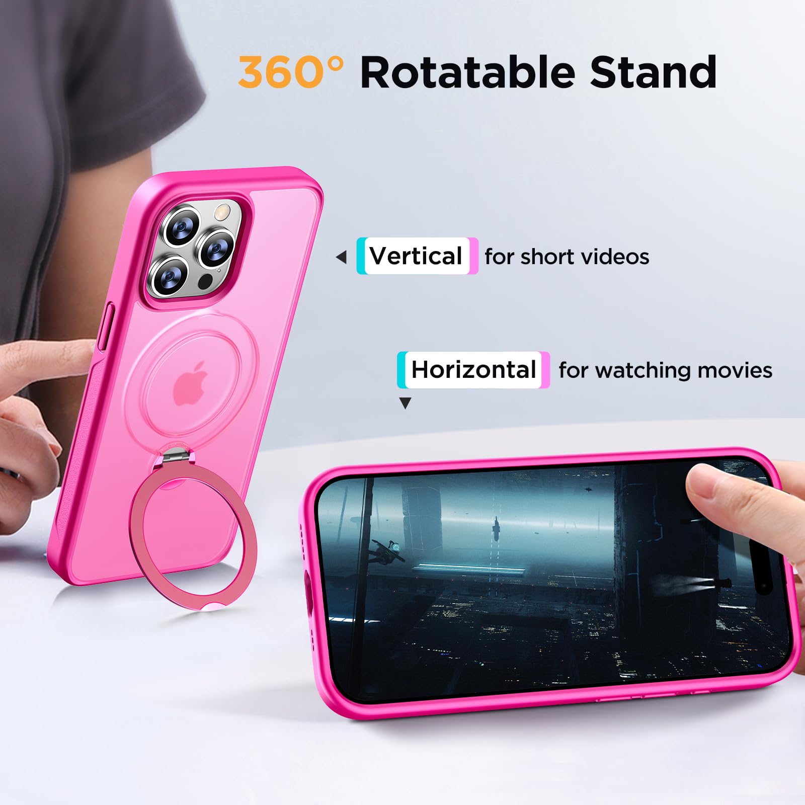 Miracase Magnetic Stand Case for iPhone 15 Pro Max - 360° Rotating MagSafe Compatible, Military-Grade Shockproof Protection, Matte Finish with Ring Holder (Pink) | Perfect for Work, Travel & Everyday Use