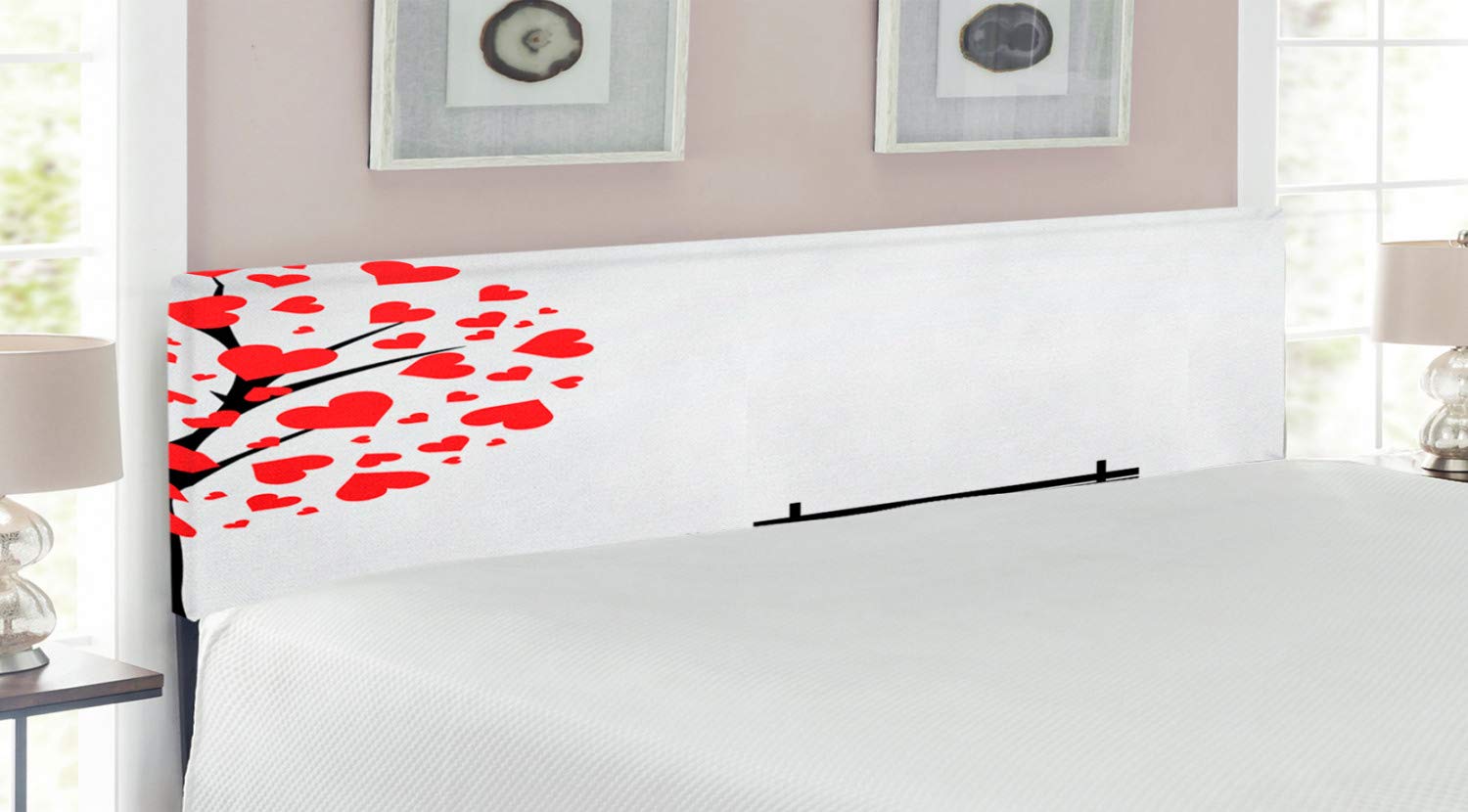Ambesonne Romantic Tree Headboard with Heart-Shaped Leaves & Bench - Upholstered Metal Bed Frame with Memory Foam - King Size Red & Black - Perfect for Valentine's Day Decor, Master Bedroom & Cozy Bedroom Makeover