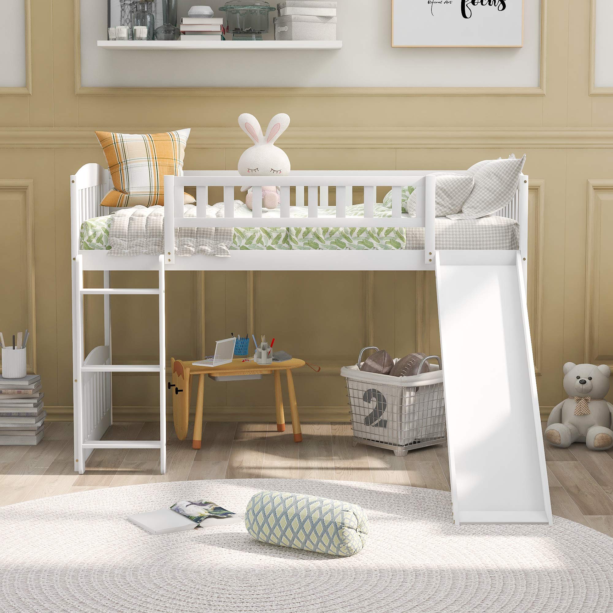 **Space-Saving Twin Loft Bed for Kids & Teens - White Loft Bed Frame with Reversible Slide & Safety Rail Ladder - Perfect for Small Bedrooms, Guest Rooms & Dorm Rooms**