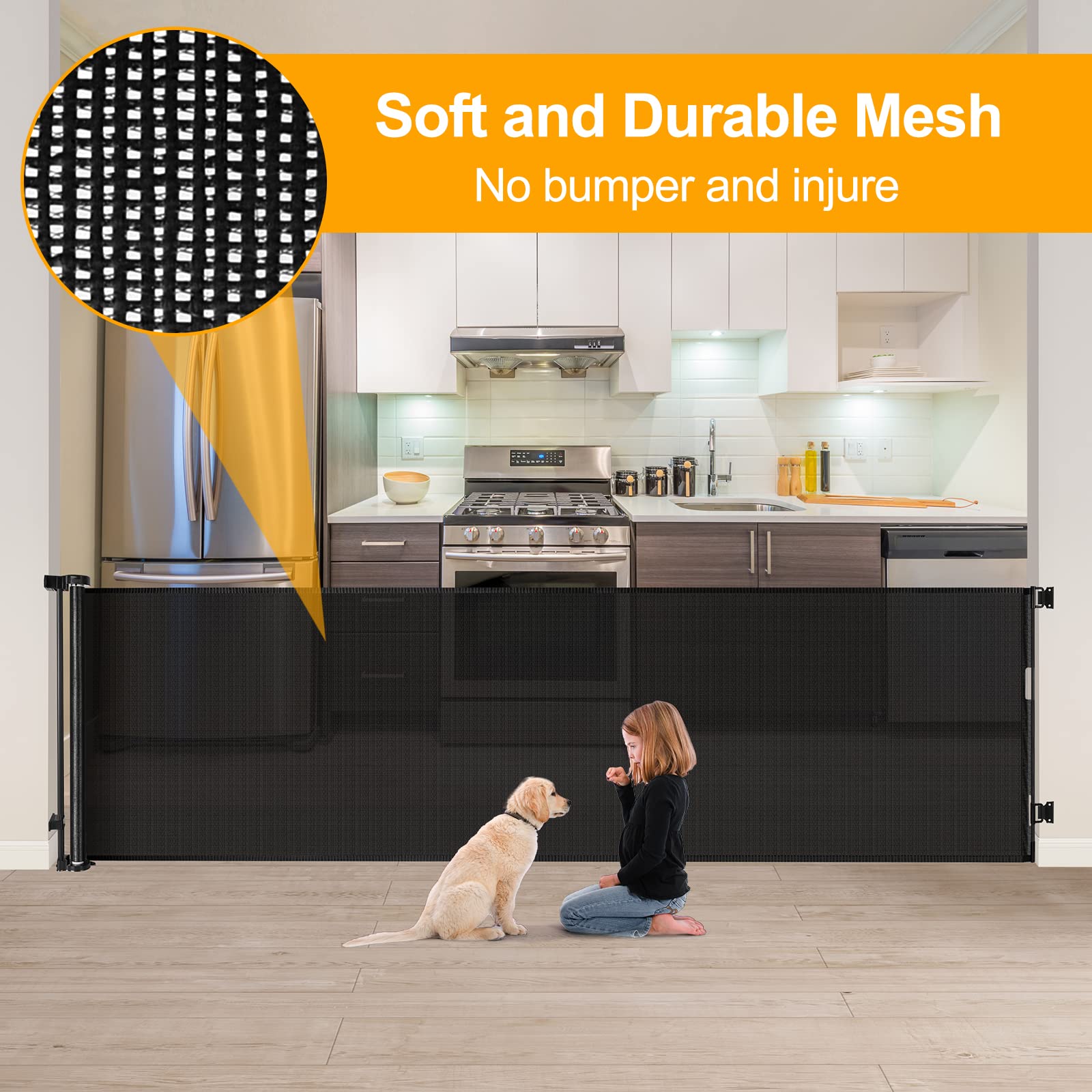 WOMHOM 100 Inch Extra Wide Retractable Gate for Large Openings & Stairs - Black Mesh Safety Barrier for Pets & Babies - Perfect for Wide Doorways, Hallways, and Staircases