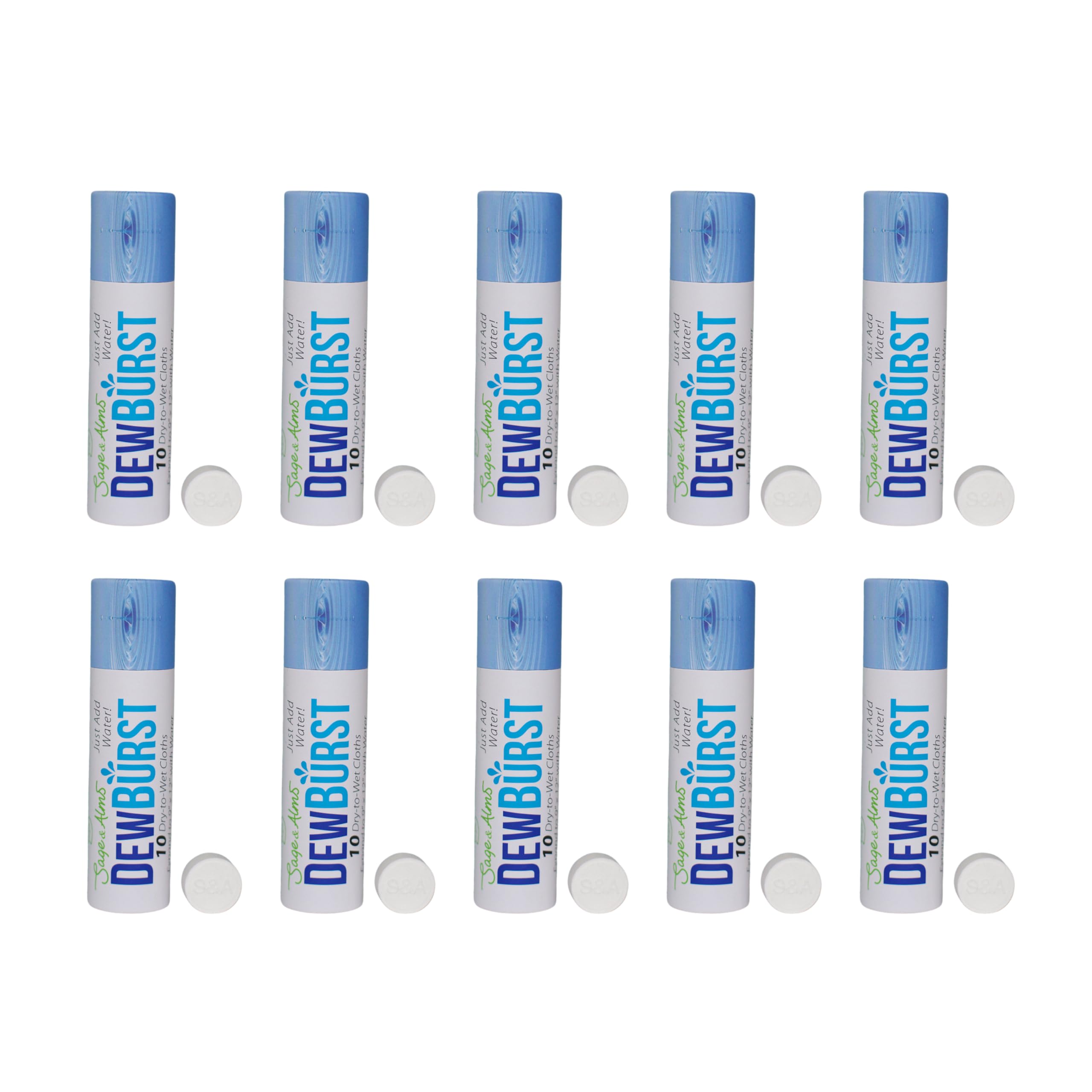 DewBurst Biodegradable Compressed Dry to Wet Wipes - 10 Cardboard Tubes (100 Cloths) | Eco-Friendly, Portable & Water-Activated | Perfect for Travel, Camping, Gym, Baby Care & Emergency Kits