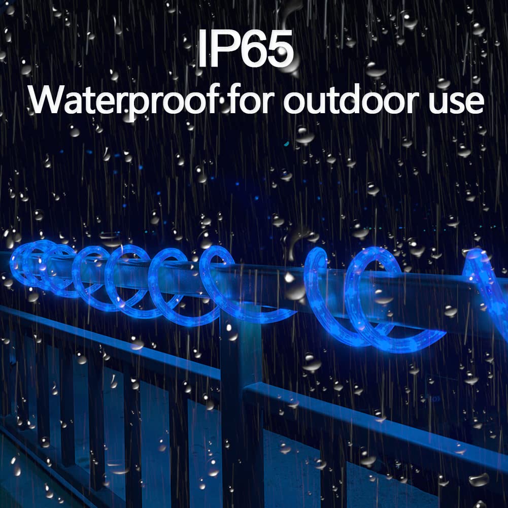33FT 360 LED Rope Lights Outdoor Waterproof - 110V Connectable Blue String Lights with Clear PVC Jacket - Energy Efficient Decorative Lighting for Camping, Patio, Deck, Porch, Christmas, Garden & Party Decorations (Blue)