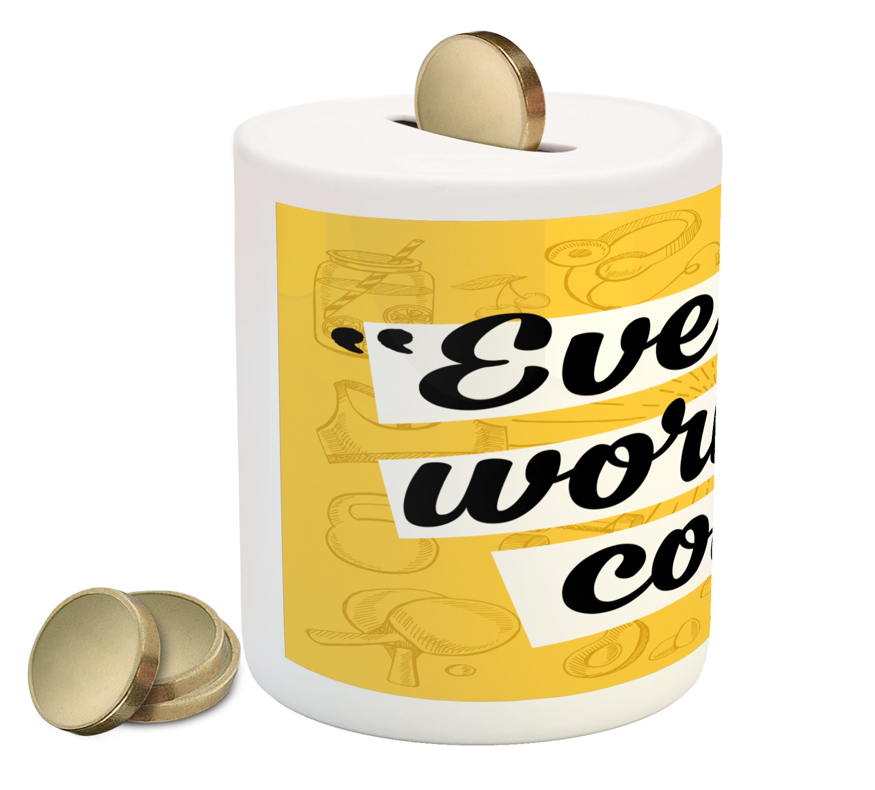 Ambesonne Fitness Piggy Bank - Ceramic Money Box with 'Every Workout Counts' Motivational Phrase for Healthy Living | Yellow, Black & White Design | Perfect for Gym Savings, Fitness Goals & Cash Storage