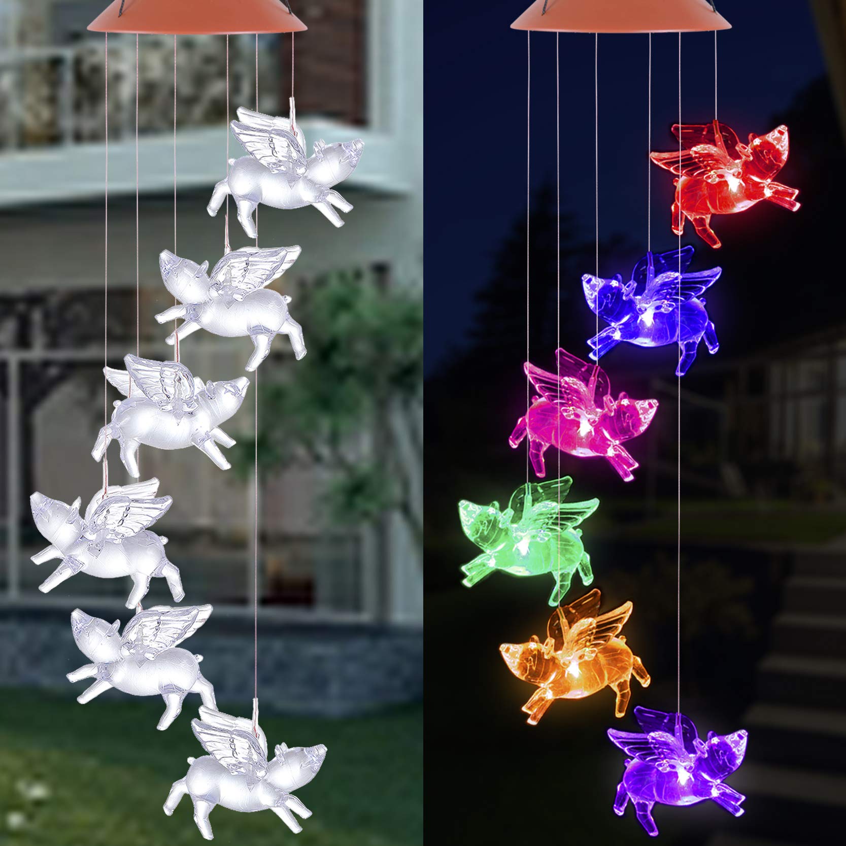 Solar Powered LED Color-Changing Pig Wind Chimes - Waterproof Outdoor Hanging Decor with Light Sensor for Garden, Yard, Patio - Perfect for Nighttime Ambiance, Parties, Valentine's Day Gifts & Festival Decorations