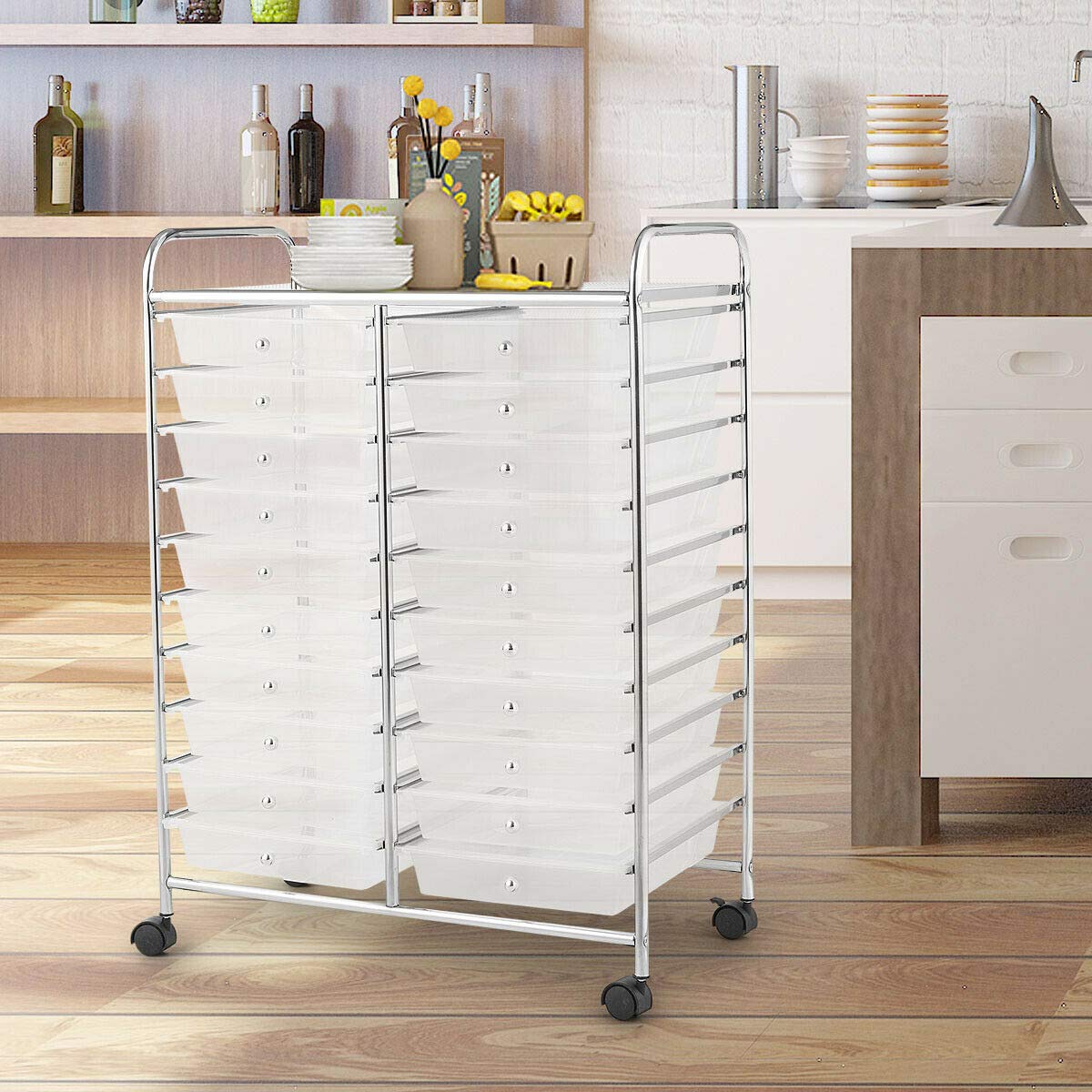 Clear 20-Drawer Rolling Storage Cart - Scrapbook Paper & Craft Organizer with Wheels, Lightweight & Spacious for Home Office Garage School - Perfect for Art Supplies, Stationery, Tools & Classroom Organization