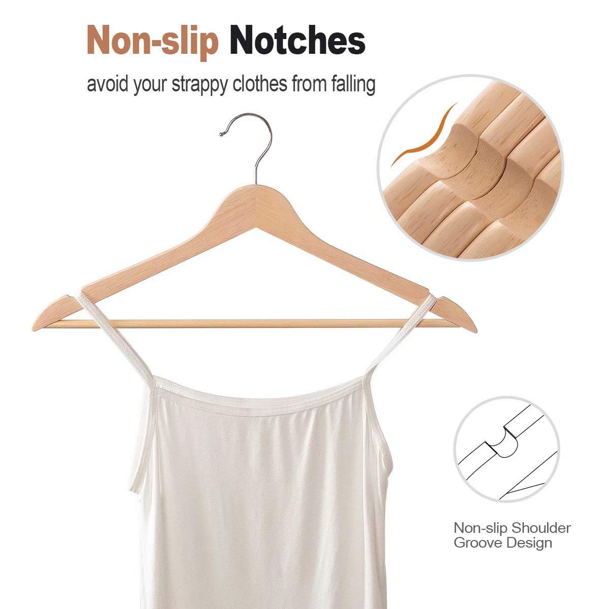 ELONG HOME 20 Pack Solid Wooden Hangers for Shirts, Coats & Jackets - Premium Wood Suit Hangers with Smooth Finish, Precise Notches & Chrome Swivel Hook - Ideal for Closet Organization, Wardrobe Storage & Garment Protection (Natural Wood)