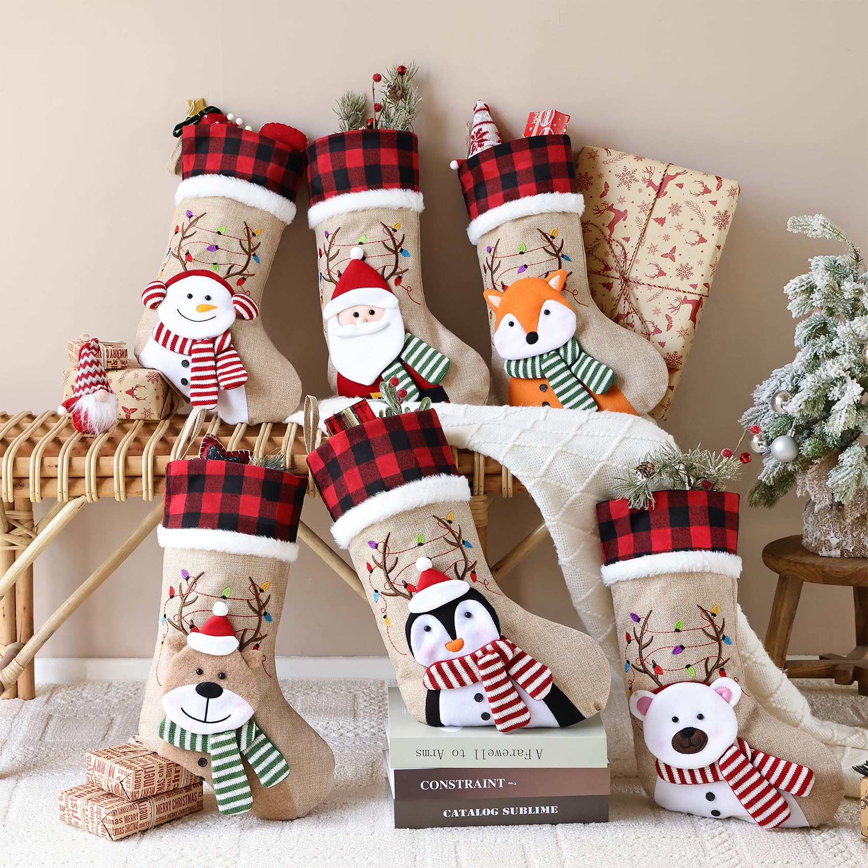 ELEGANTPARK 4-Piece Buffalo Plaid Christmas Stockings Set with 3D Santa Snowman Reindeer Embroidery & Fur Cuff - Festive Holiday Decor for Fireplace Mantel, Tree, and Family Gift Exchange
