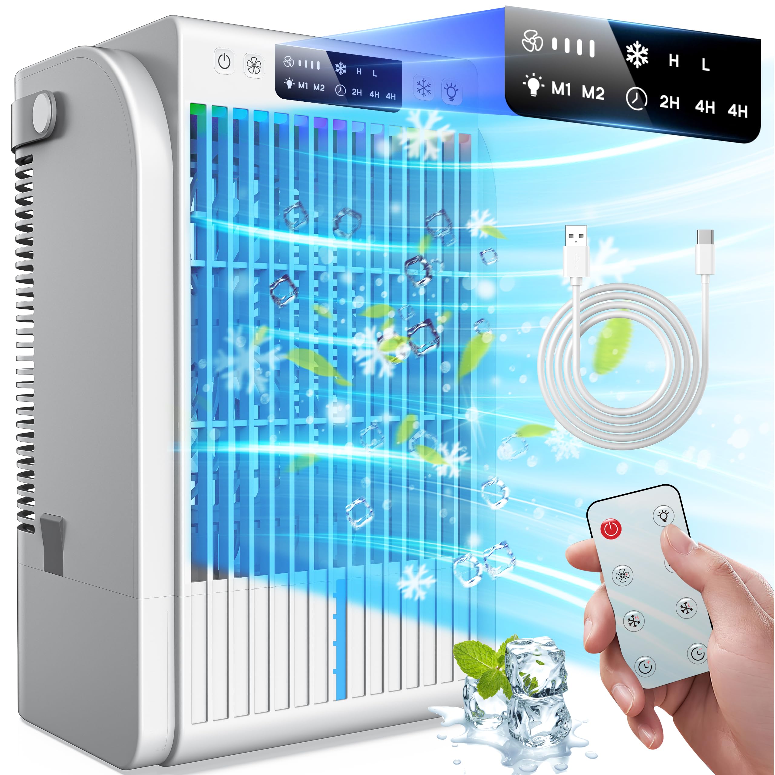 4-in-1 Portable Air Conditioner Fan with Humidifier - 1500ML Large Water Tank, 3 Speed Settings | Personal Cooling Fan for Home, Office, Car & Outdoor Use | Compact Evaporative Cooler for Bedroom, Camping, Travel & Hot Summer Days | Ideal for Small Spaces, Dorm Rooms, Workspaces & Summer Heat Relief