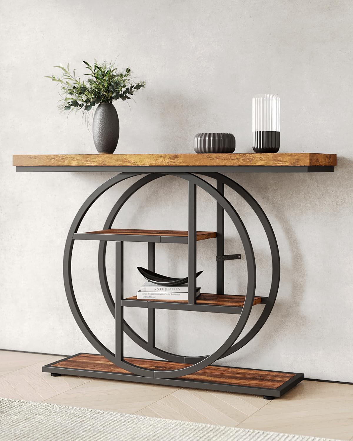 LITTLE TREE 4-Tier Console Table - 41.3 Inch Industrial Entryway Sofa Table for Living Room, Rustic Brown & Black Hallway Furniture - Perfect for Small Space Organization & Home Decor