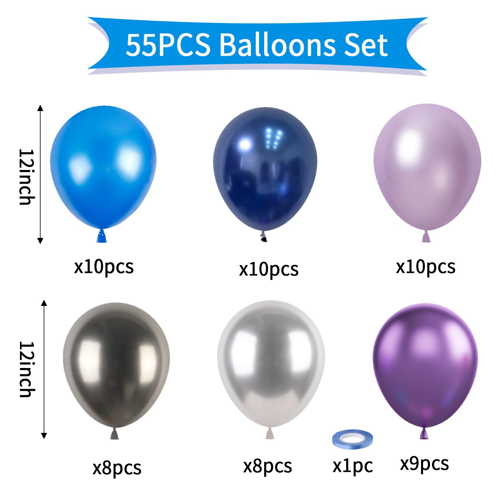 55pcs Galaxy Blue Metallic Black Purple Silver Latex Balloons - Outer Space Themed Party Decor for Kids, Boys, Astronaut Birthday, Baby Shower & Space-Themed Events
