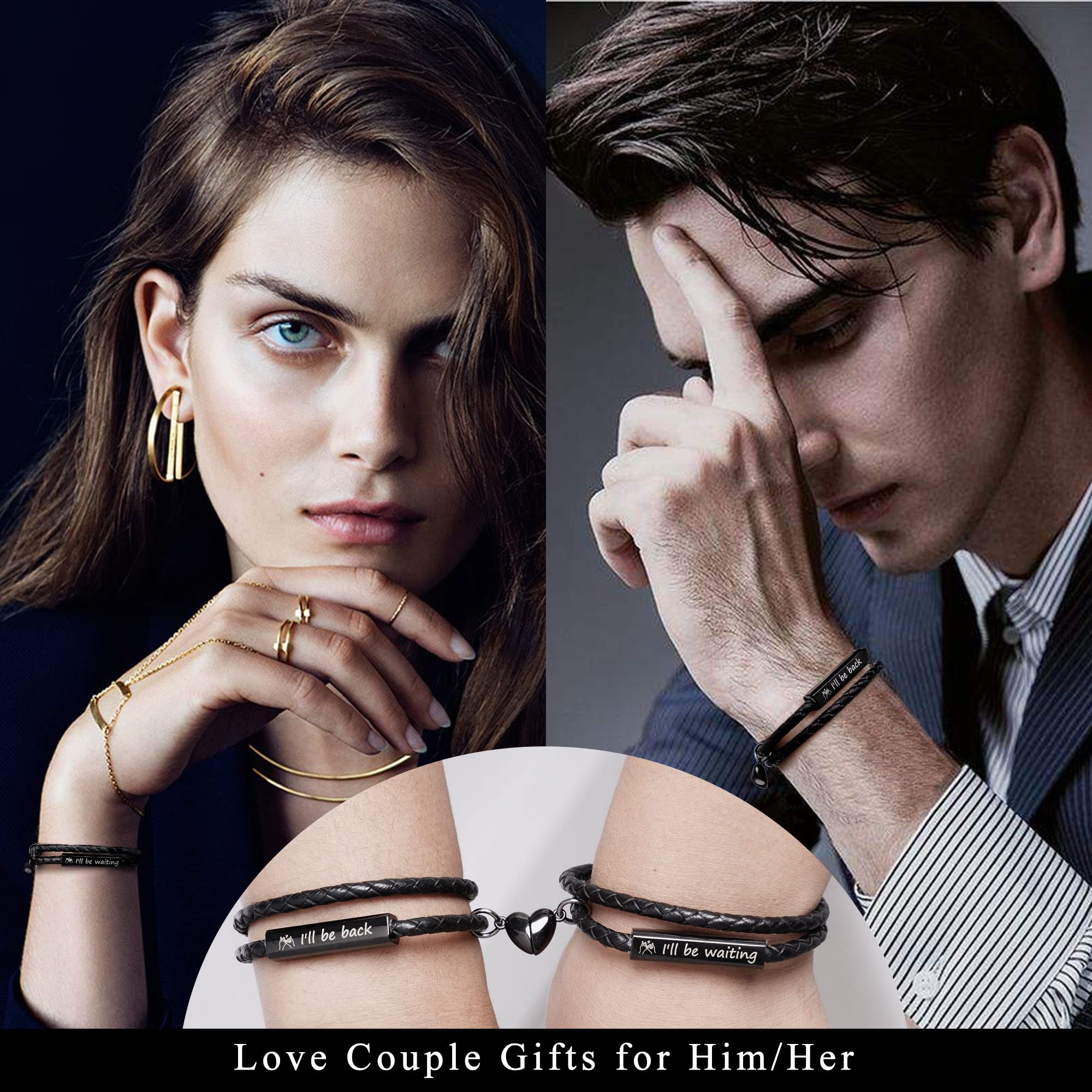 Personalized Matching Couple Bracelets for Women & Men - Engraved Leather Promise Bracelets for Anniversary, Birthday, Christmas Gifts - Boyfriend & Girlfriend Jewelry Set for Romantic Occasions & Special Moments
