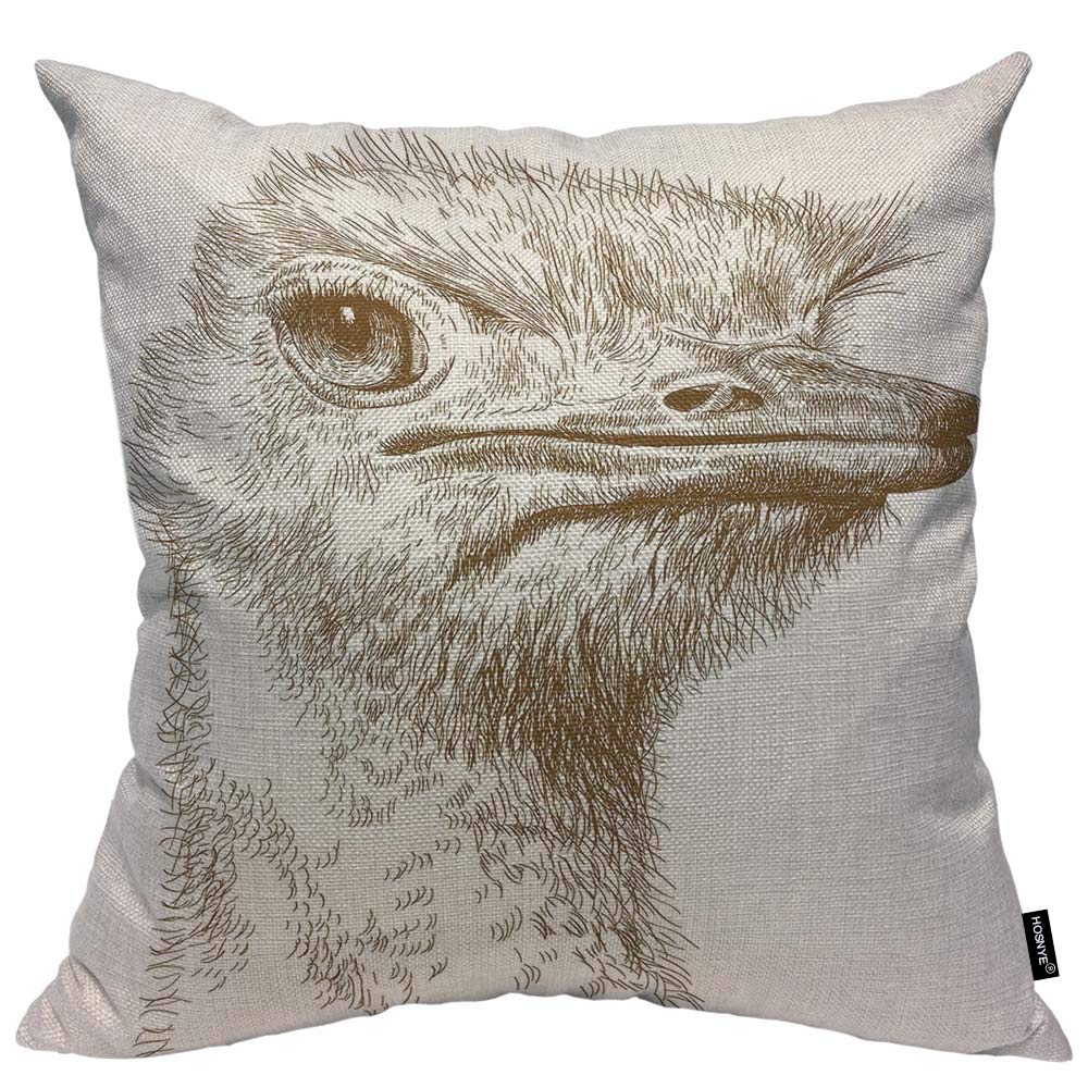 Premium Ostrich Head Throw Pillow Cover - 16x16 Inch Cotton Linen Cushion Case for Sofa, Bed & Car Decor - Vintage Engraving Design - Home & Office Decorative Accent