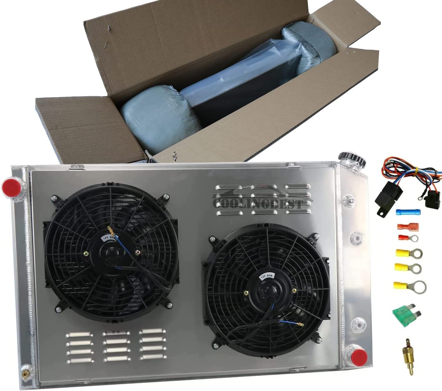 High Performance 4-Row Aluminum Radiator for 1973-1991 Chevy Blazer C10 C20 C30 K10 K20 K30 & GMC Jimmy C1500 C2500 C3500 Suburban V8 L6 Pickup Trucks - Includes Electric Fan Shroud Kit | Perfect for Off-Roading, Towing & Heavy-Duty Use